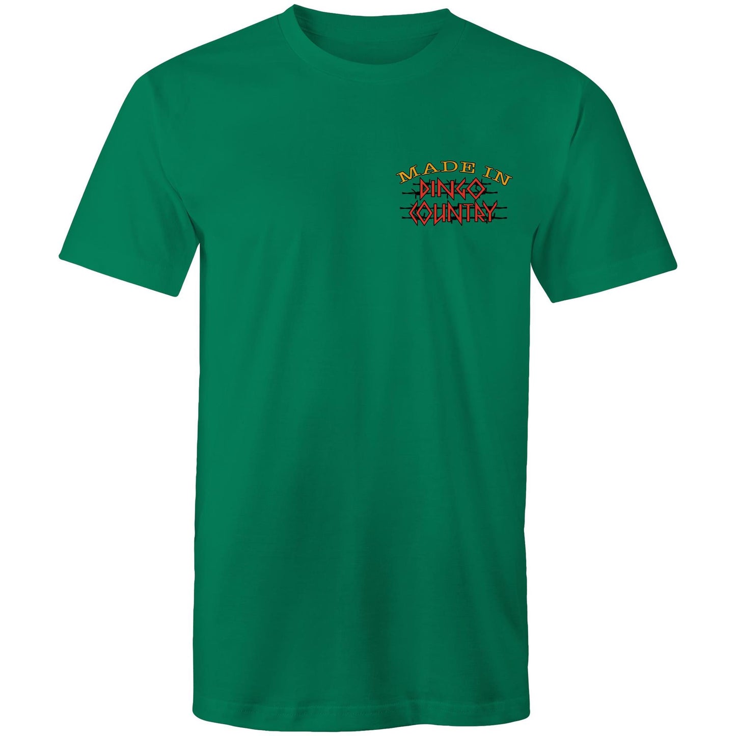 Kelly green men's t-shirt with 'Made in Dingo Country' small chest print in red and black.