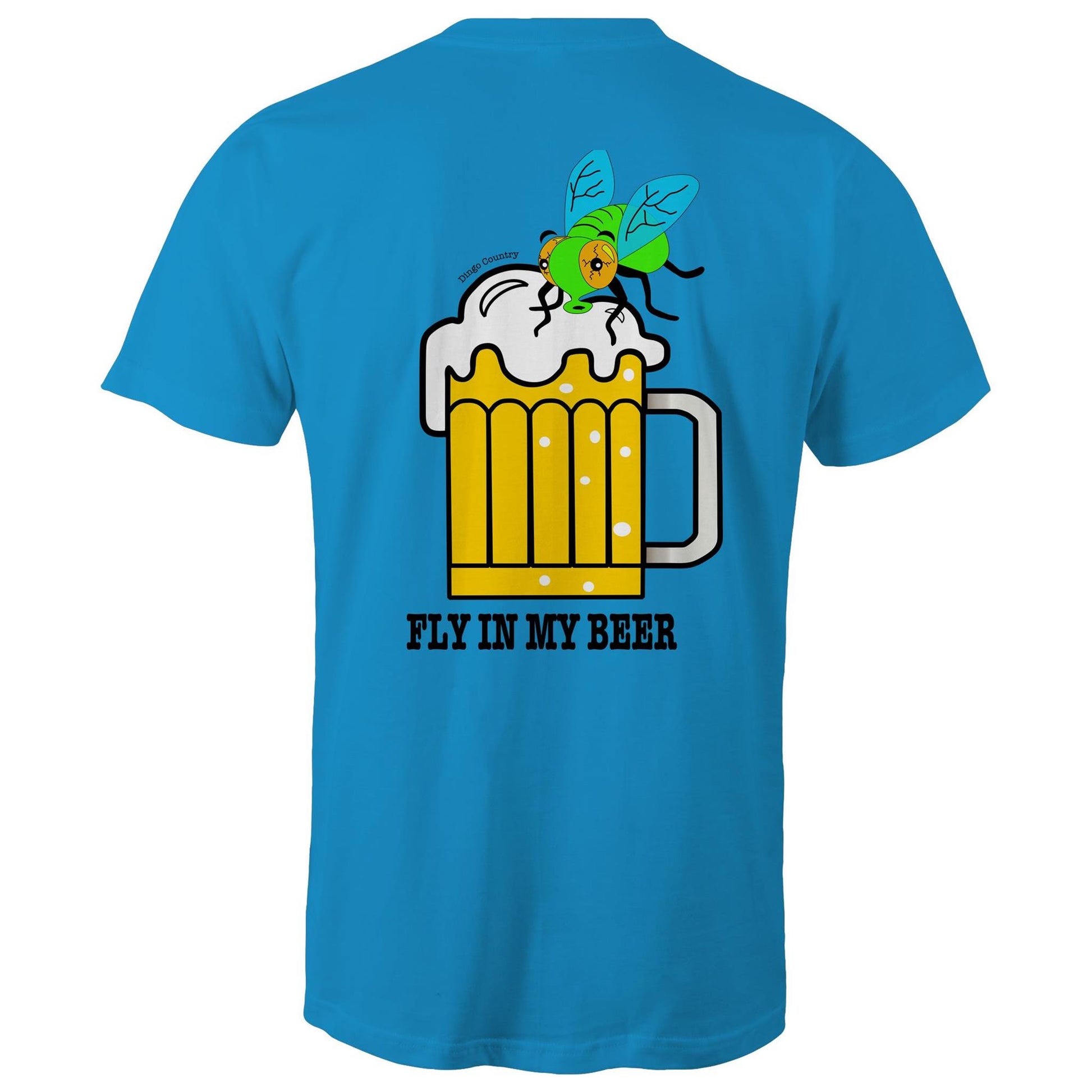 Back view of 'Fly in My Beer' Men's T-Shirt by Dingo Country in arctic blue– showcasing a playful graphic of a beer mug with a fly on top and the witty phrase 'Fly in My Beer' in bold letters, symbolising the Aussie outdoor drinking experience.