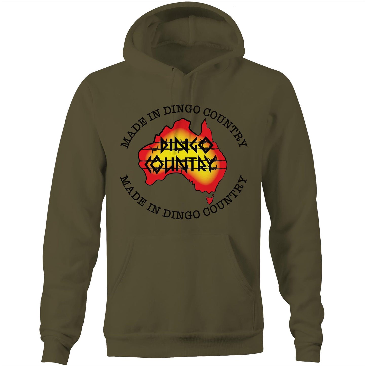 Army 'Made in DC Australia' pocket hoodie sweatshirt showcasing a stylised map of Australia with 'Dingo Country' & made in dingo country text on the front.