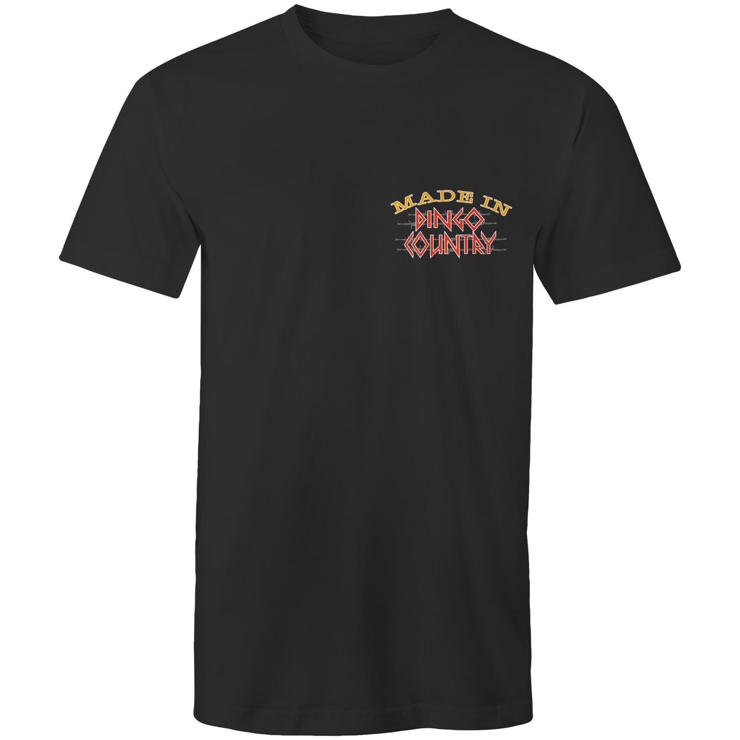 Men's casual black T-shirt with 'Made in Dingo Country' logo on the chest, representing Australian heritage with style.