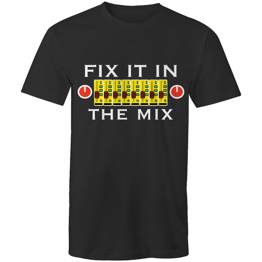 Men's black t-shirt with 'Fix It In The Mix' music mixer design