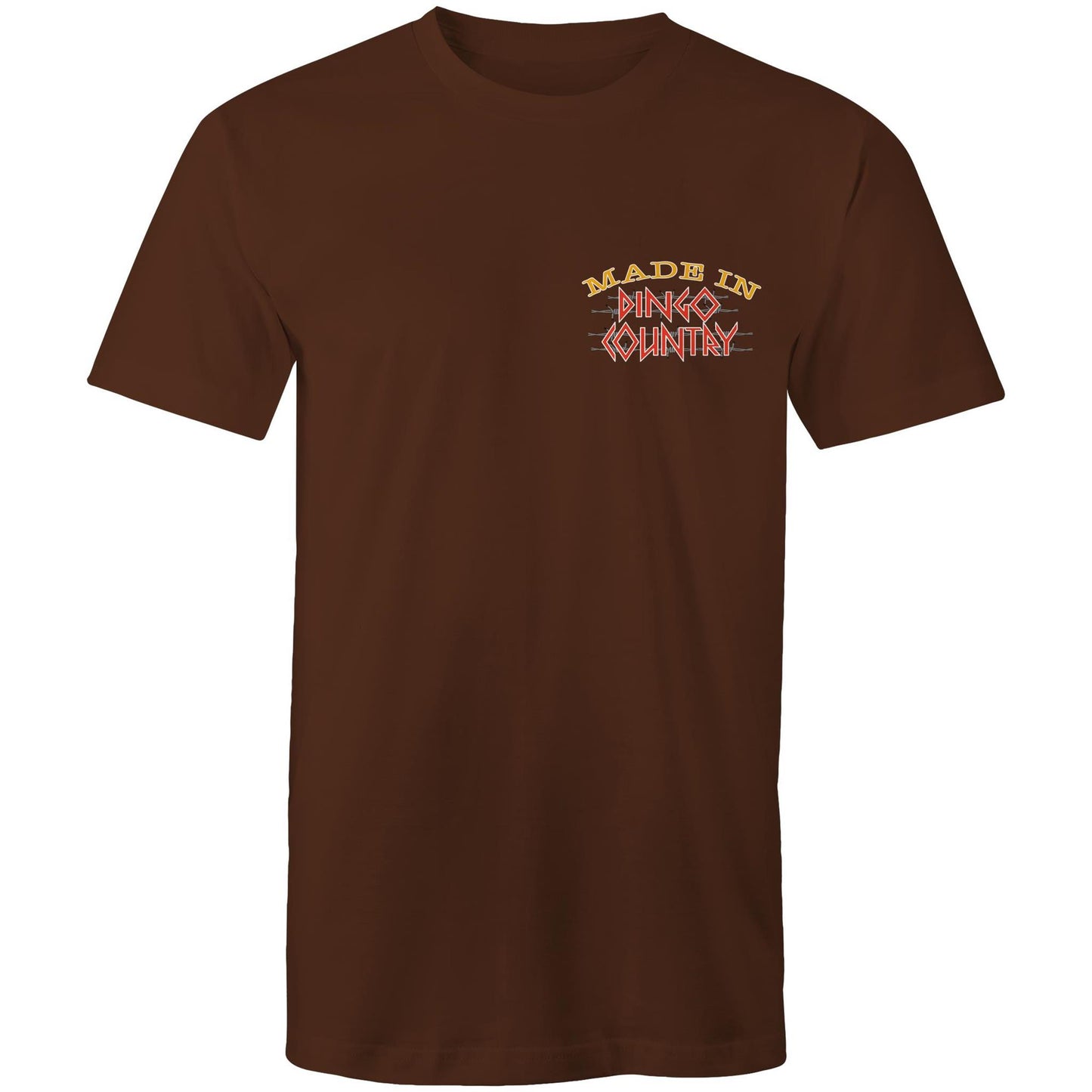 Men's classic dark chocolate t-shirt with a small 'Made in Dingo Country' logo on the chest for a touch of Australian pride.