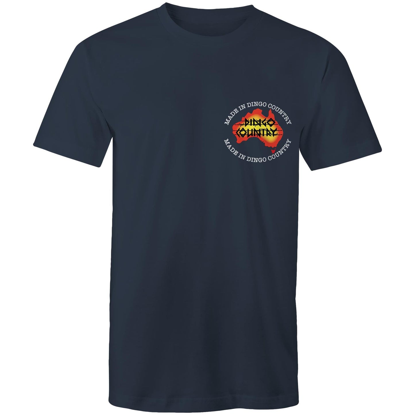 Navy t-shirt with 'Made in Dingo Country' logo on the chest in vibrant Australian colors.