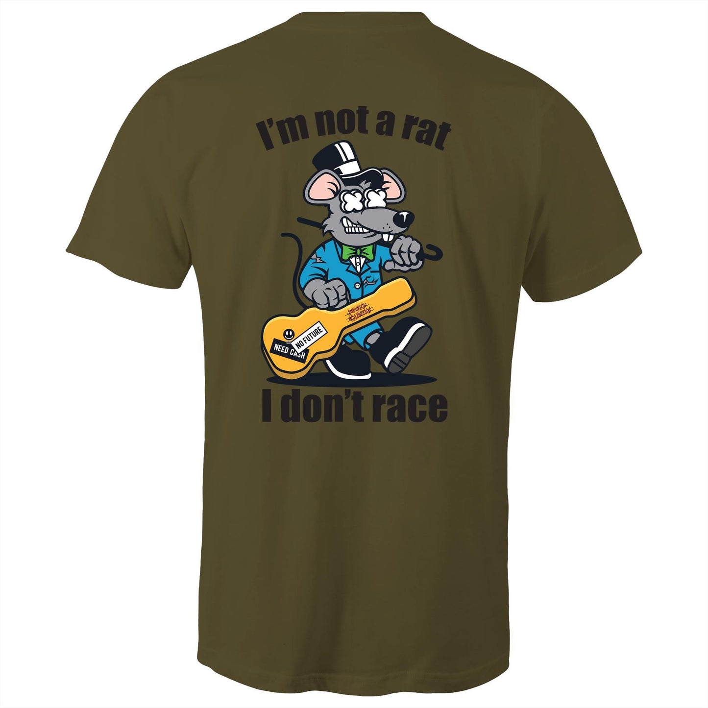 Army green mens T-shirt- Graphic print of a rat playing the guitar with 'I'm Not a Rat, I Don't Race' slogan, showcasing a playful nod to music enthusiasts.