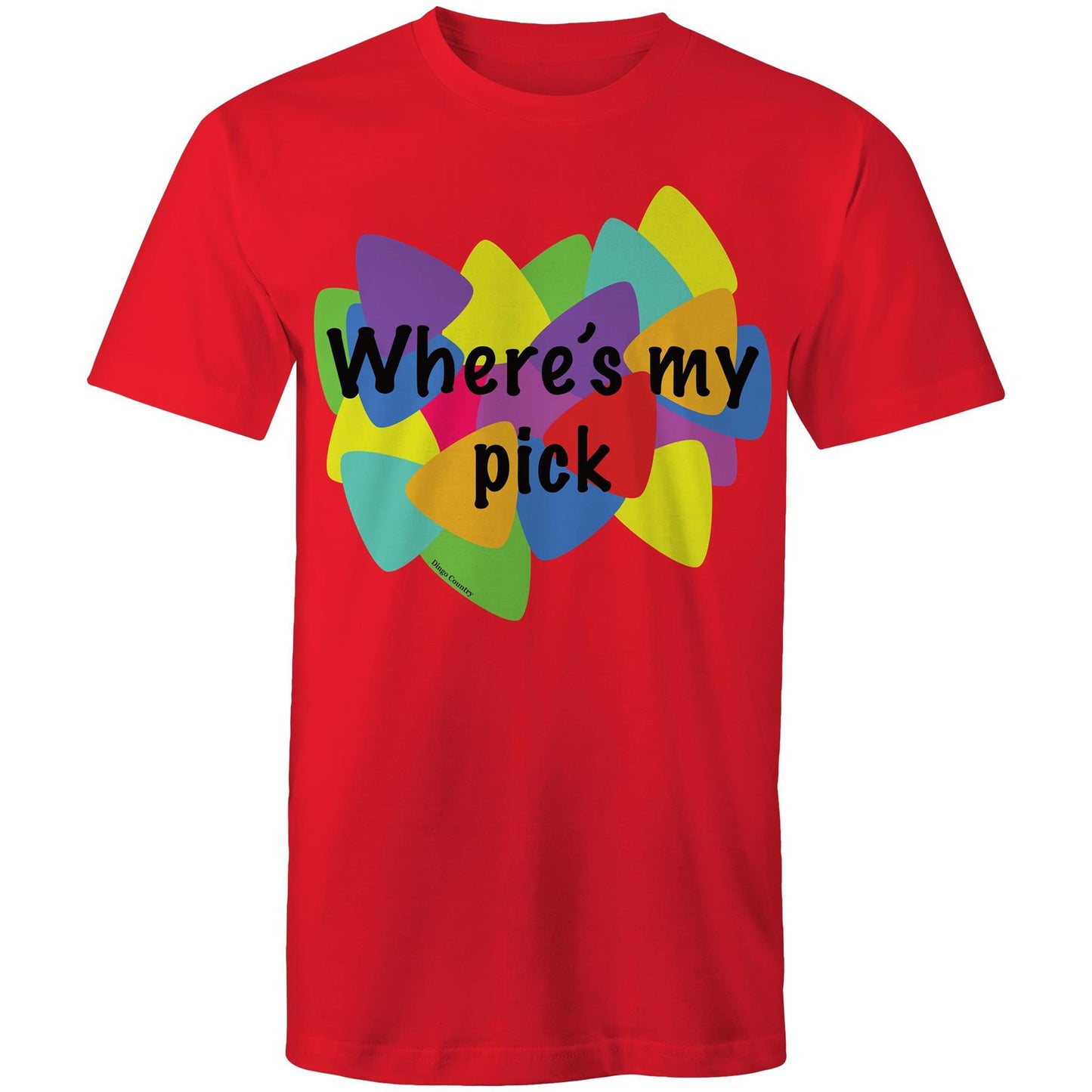 "Where's My Pick" graphic men's t-shirt in red, with a vibrant, multicolour guitar pick pattern and playful text, front view on a plain background, captures the spirit of Dingo Country's Muso Collection.