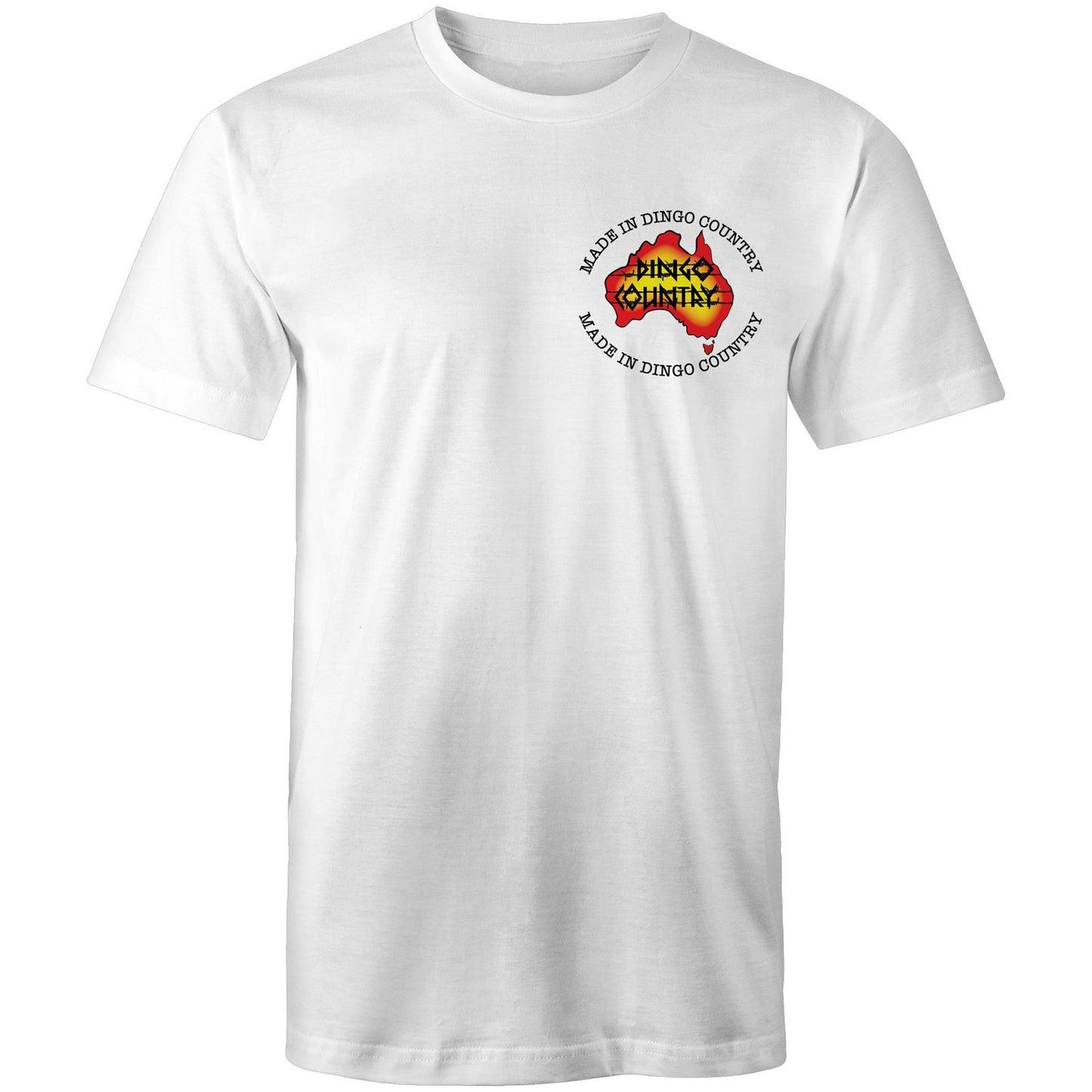 Front view of 'Fly in My Beer' Men's T-Shirt by Dingo Country – plain white tee with the colorful logo reading 'Made in Dingo Country' 