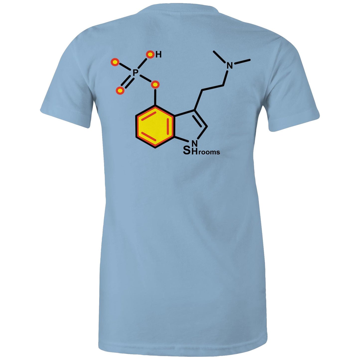 Back of the Carolina blue Women's Maple Tee displaying the chemical structure for Psilocybin, marrying elegance with a love for mycology.