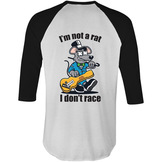 Back view of a Black sleeve raglan t-shirt with a comical cartoon rat playing a bass guitar, captioned 'I'm not a rat, I don't race