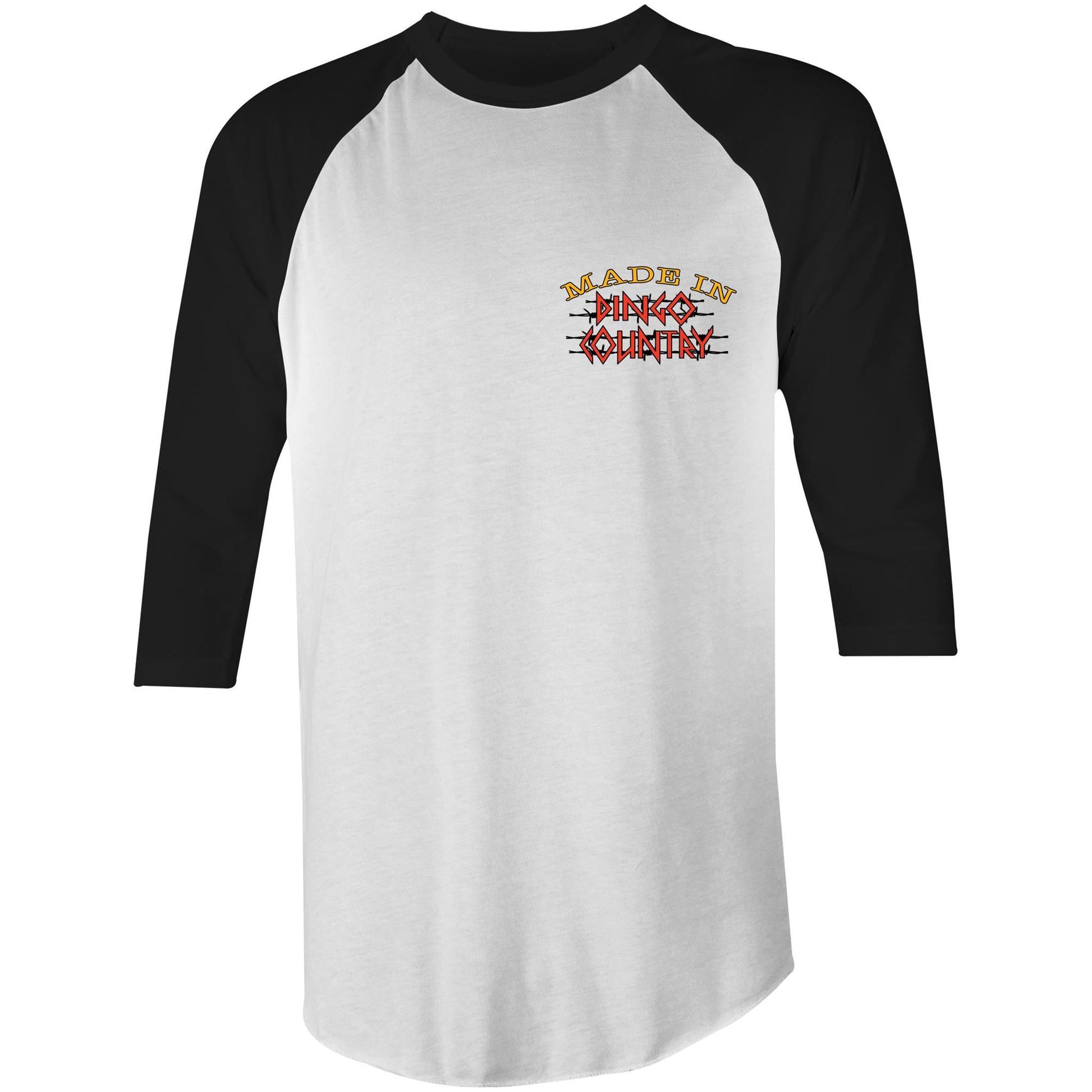 White raglan t-shirt with black sleeves featuring 'Made in Dingo Country' logo on the front