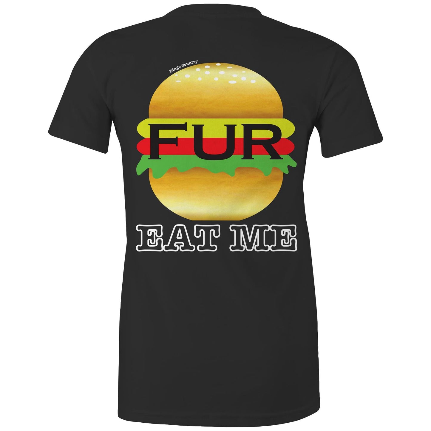 Rear view of Dingo Country's black Maple Tee, with the playful 'FUR BURGER EAT ME' burger graphic.