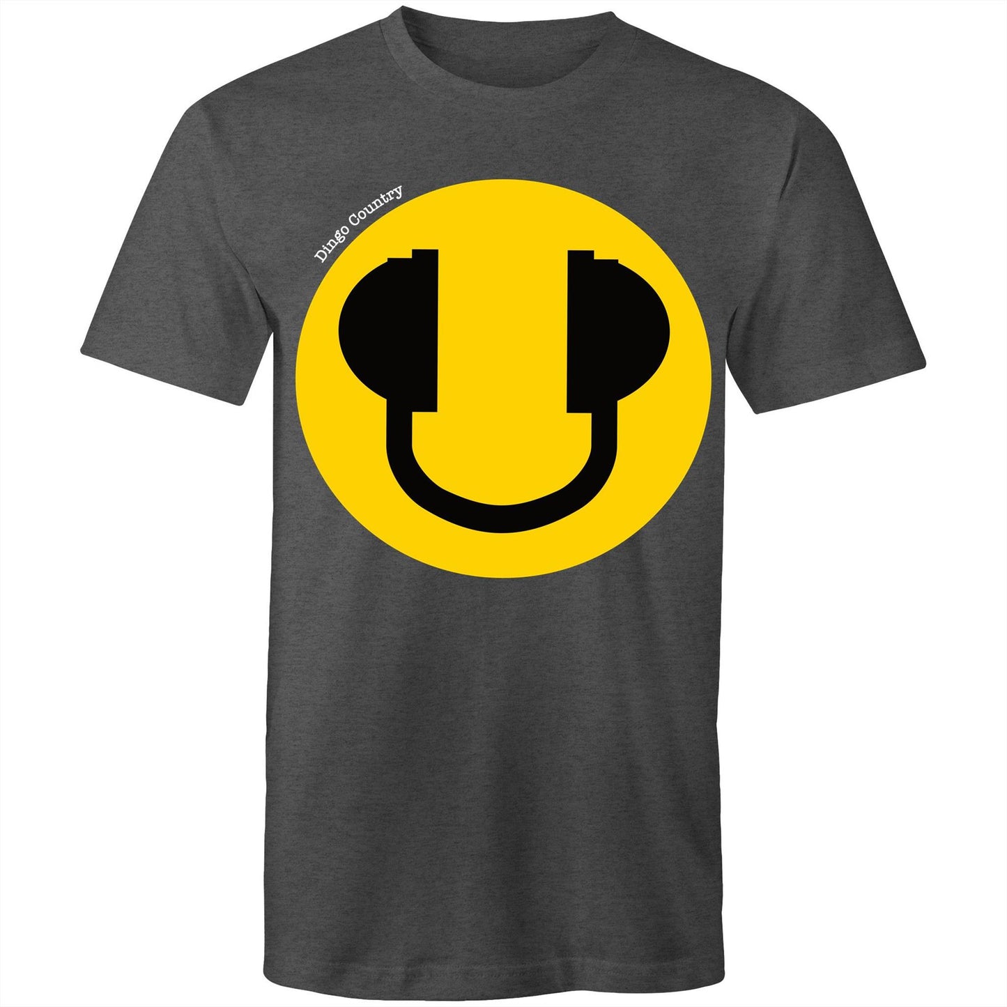 Men's asphalt T-Shirt featuring a large smiley face with headphone design, available in 13 colors, showcasing a playful and music-inspired style from Dingo Country.