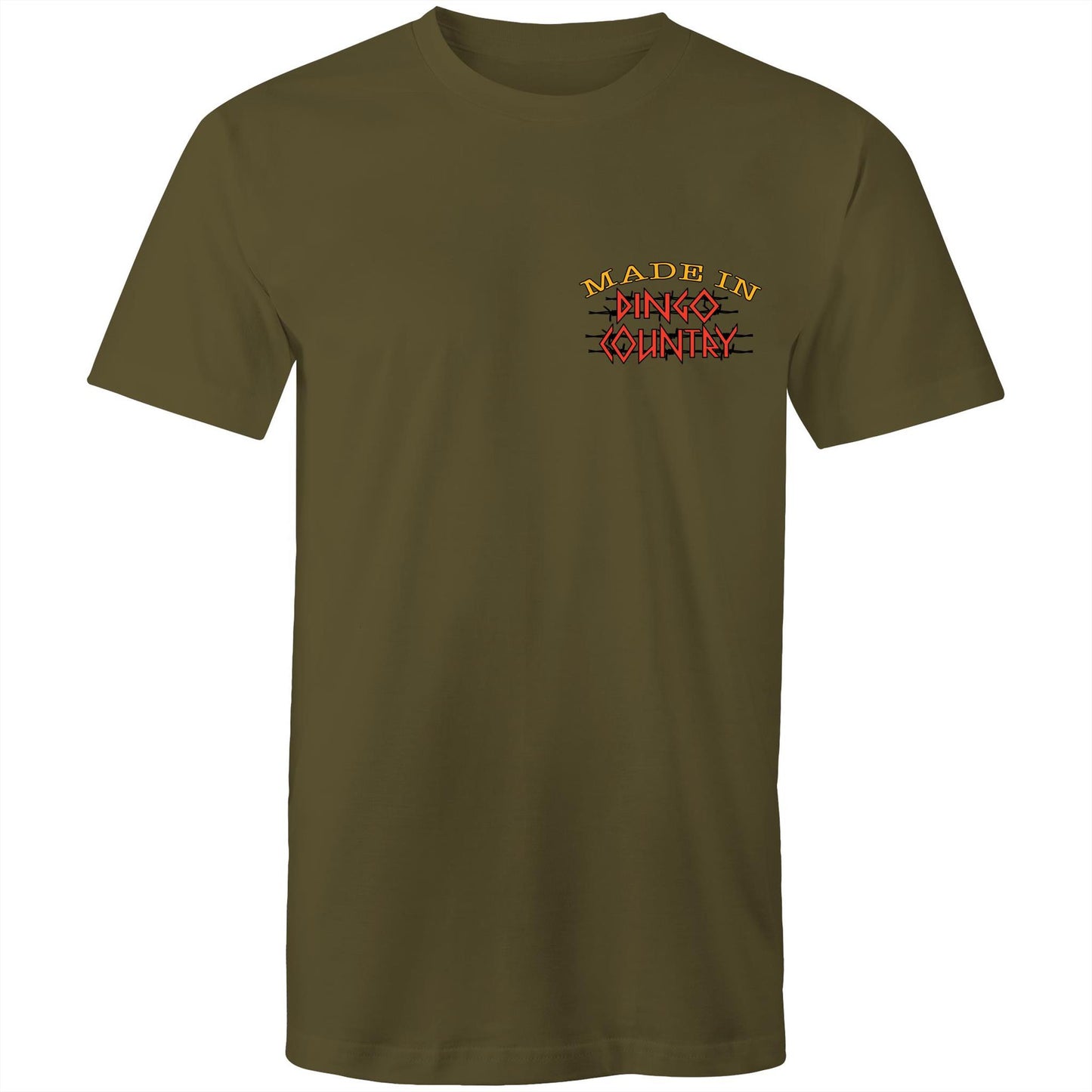 A army green men's t-shirt with a small, central chest print that reads "Made in Dingo Country", The print is stylized with the Australian flag colors and distressed lettering to give a rugged, patriotic feel.