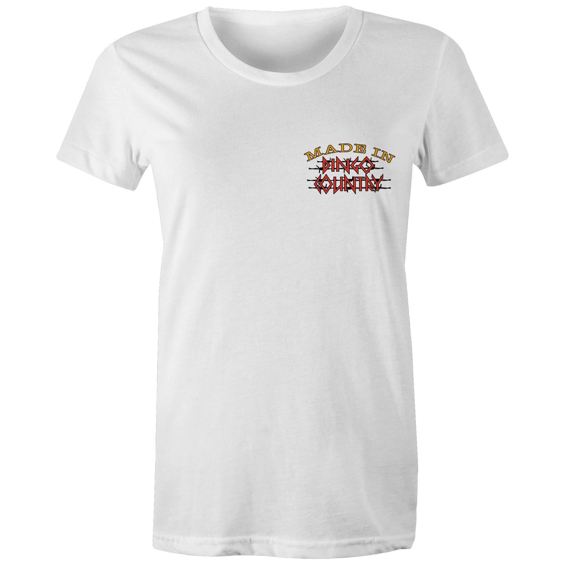 Front view of Dingo Country's white Maple Tee, featuring the iconic 'Made in Dingo Country' logo.