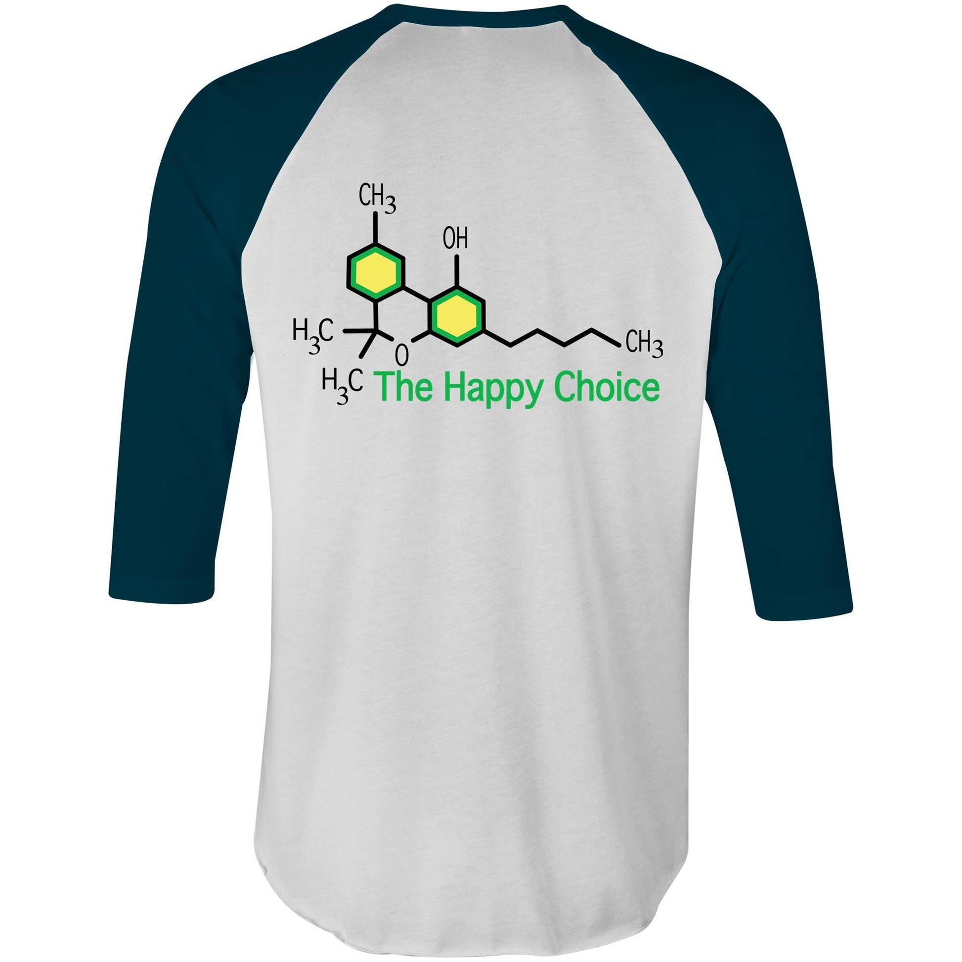 Back of the navy sleeve shirt displaying the green THC molecular structure with 'The Happy Choice' slogan, blending leisure with a hint of science.