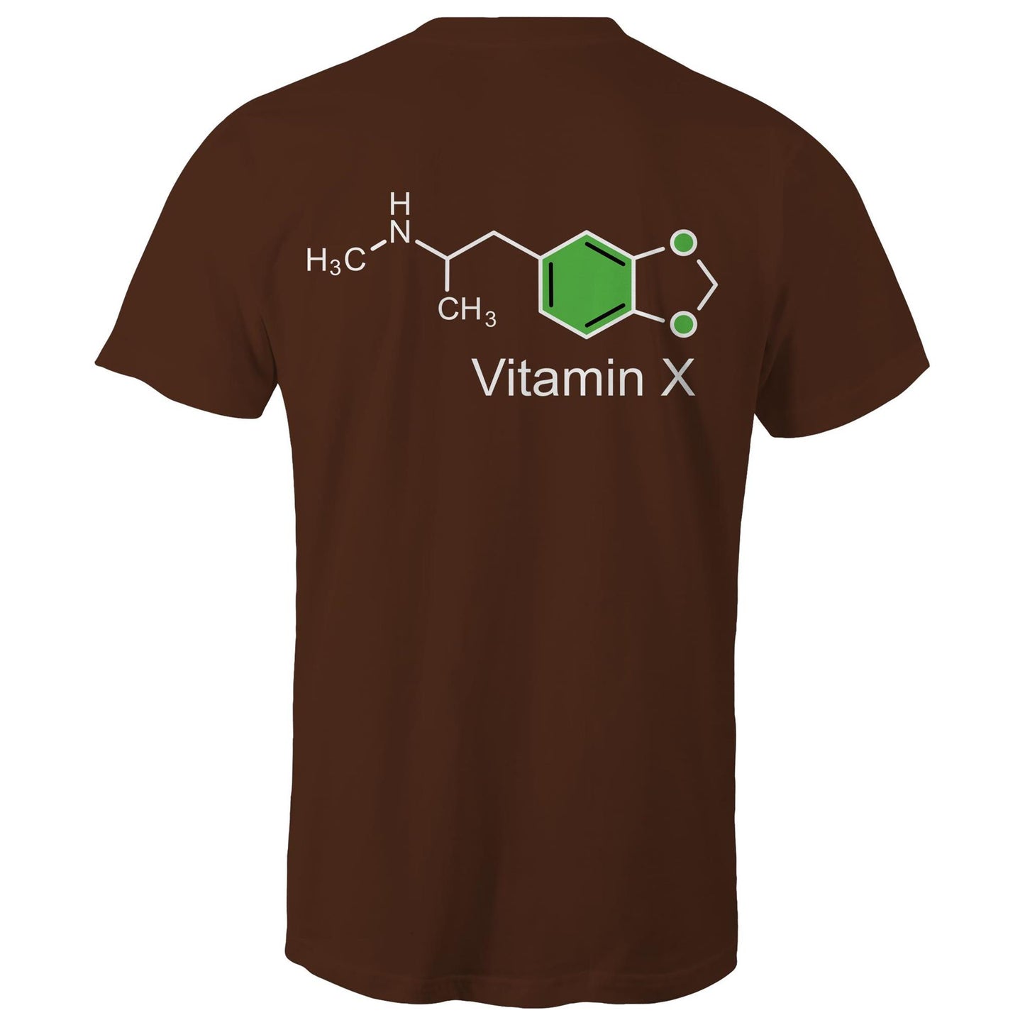 Back of the dark chocolate t-shirt displaying the green and white MDMA molecular structure with 'Vitamin X' text, celebrating scientific curiosity