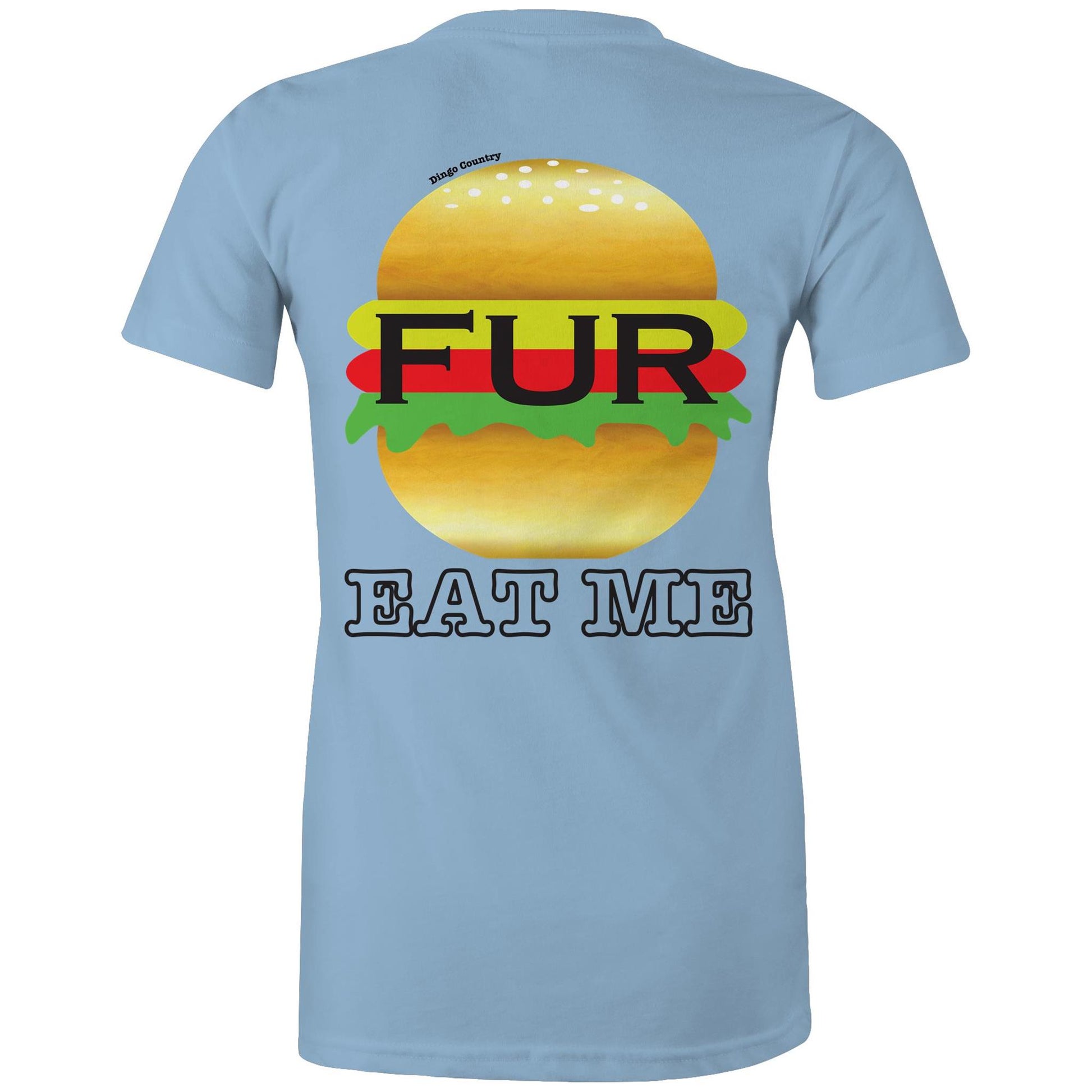 Rear view of Dingo Country's Carolina blue Maple Tee, with the playful 'FUR BURGER EAT ME' burger graphic.