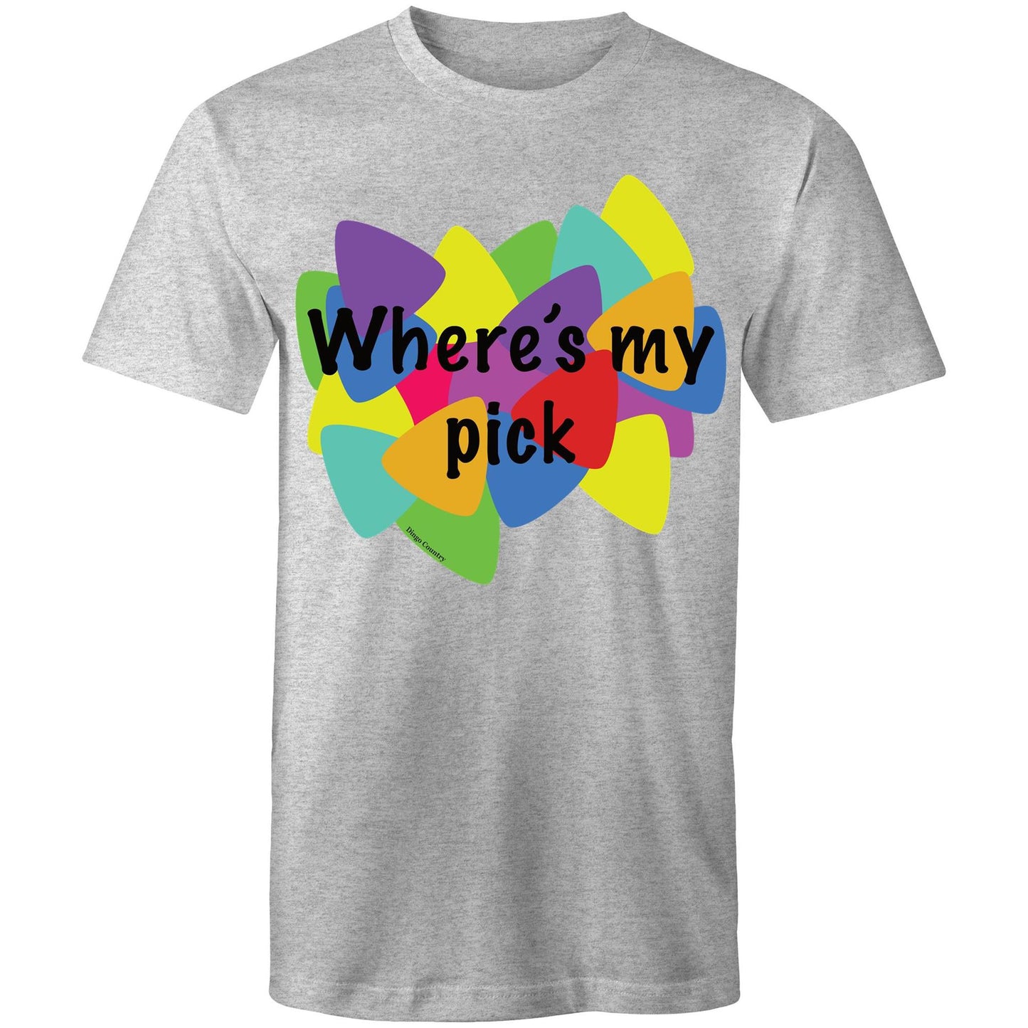 "Where's My Pick" graphic men's t-shirt in grey, with a vibrant, multicolour guitar pick pattern and playful text, front view on a plain background, captures the spirit of Dingo Country's Muso Collection.