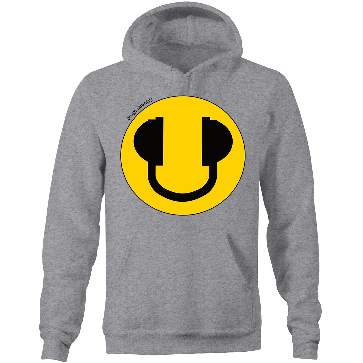 Grey hoodie featuring a large yellow smiley face with headphone accents, embodying a fun and music-filled lifestyle, from Dingo Country.