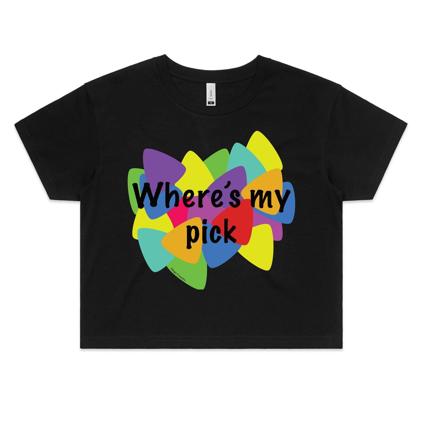 Casual yet fashionable, the "Where's My Pick" women's black crop tee with a vivid multicolored guitar pick graphic and the catchy phrase "Where's my pick" on the front, radiating a fun and artsy vibe for the music enthusiast.