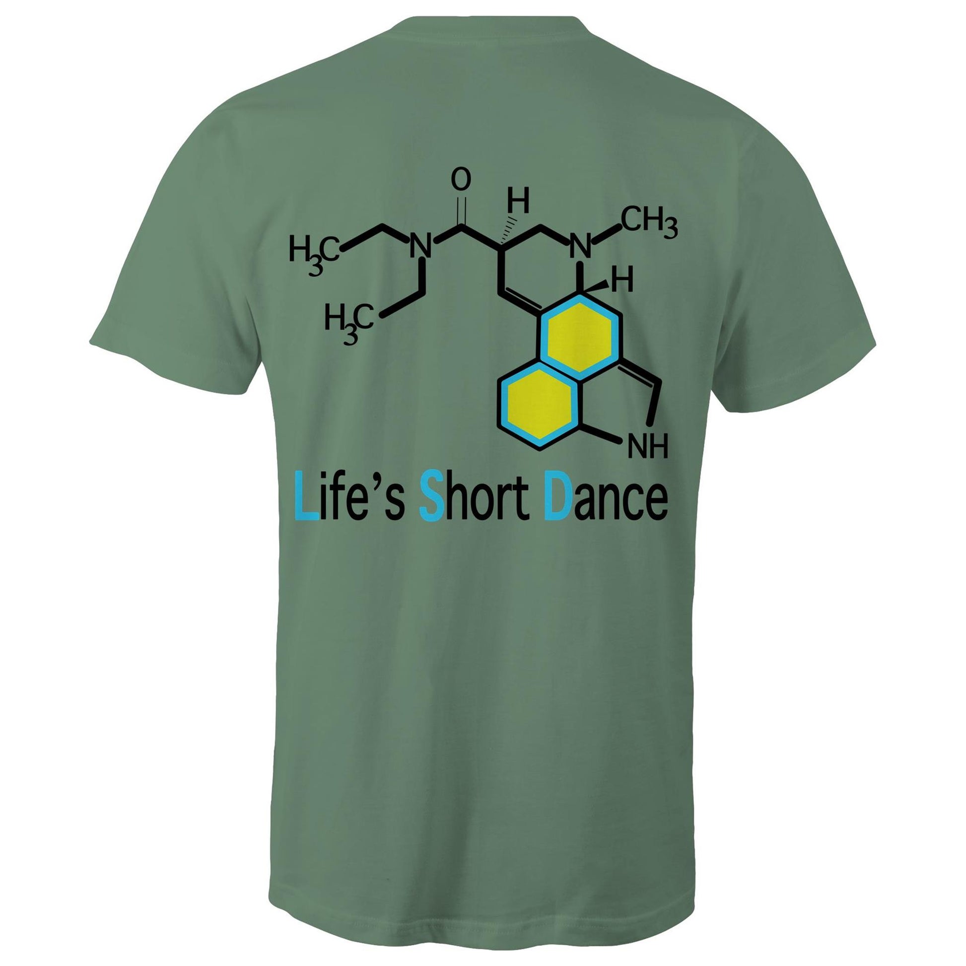 Back view of 'Life’s Short Dance' Men's sage T-Shirt featuring an intricate chemical molecule design in black and blue, with the phrase 'Life’s Short Dance' in stylized blue font