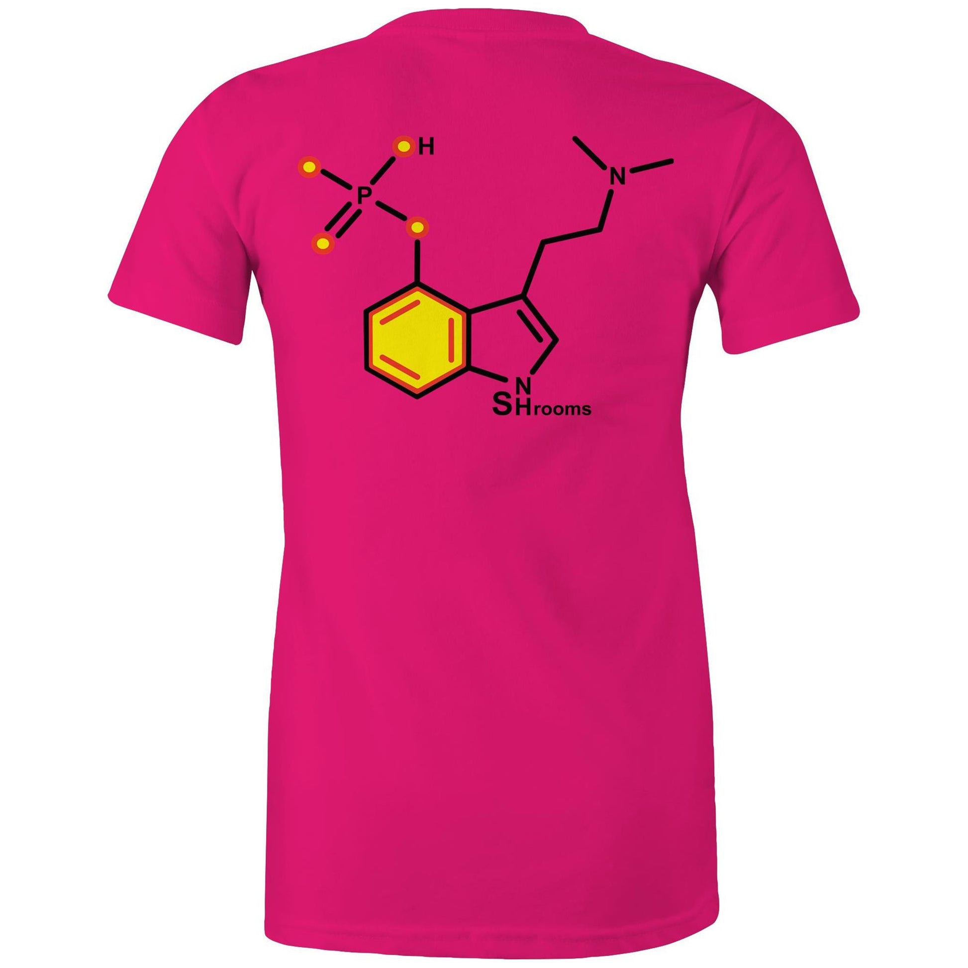 Back of the fuchsia Women's Maple Tee displaying the chemical structure for Psilocybin, marrying elegance with a love for mycology.