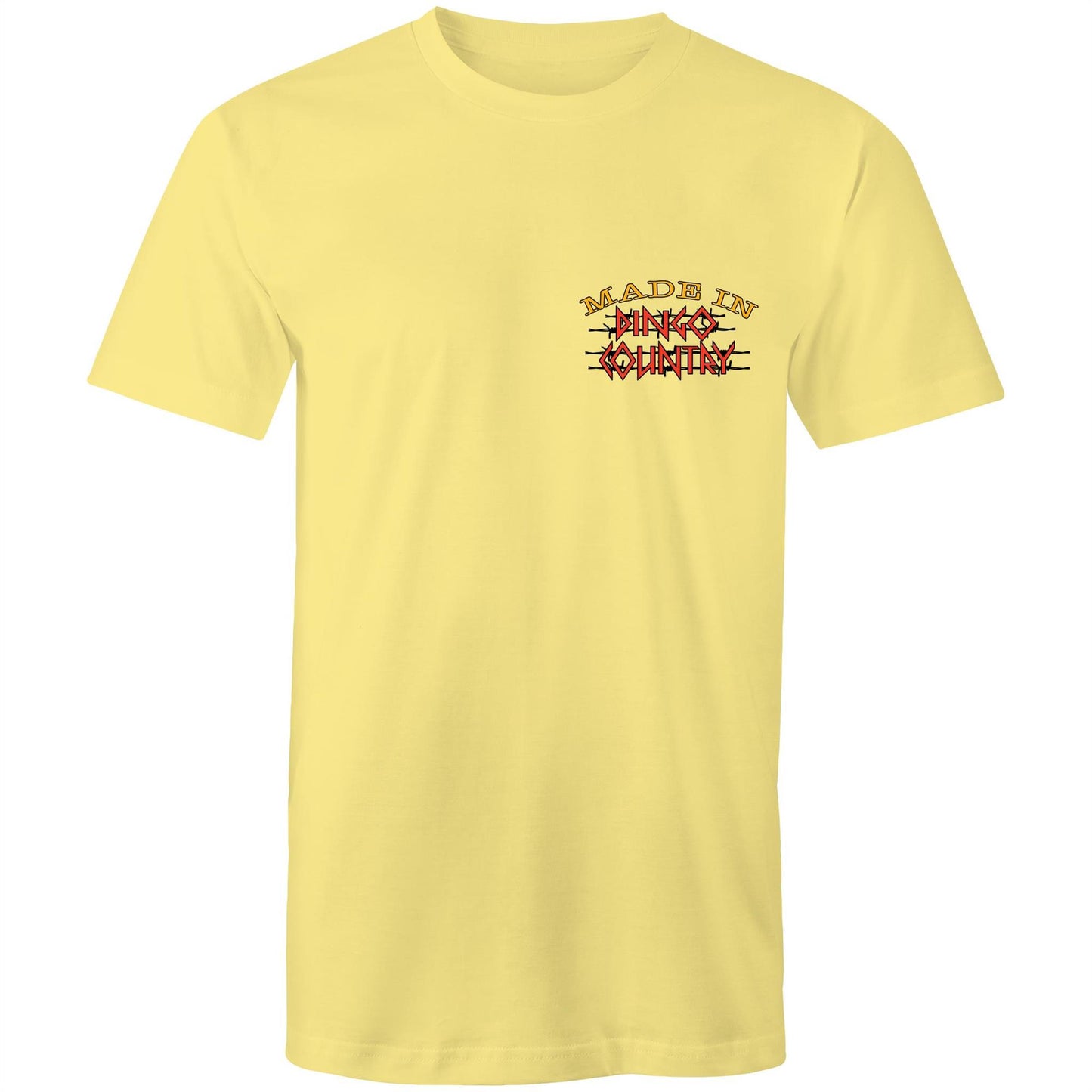 Men's lemon T-shirt with a small 'Made in Dingo Country' chest logo, signifying understated Australian pride and a love for homegrown science.