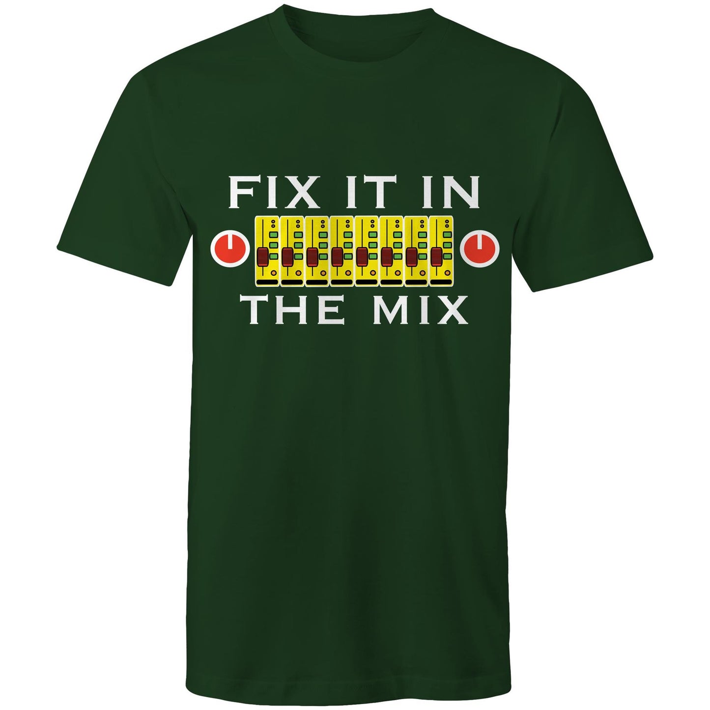 Men's forrest green t-shirt with 'Fix It In The Mix' music mixer design