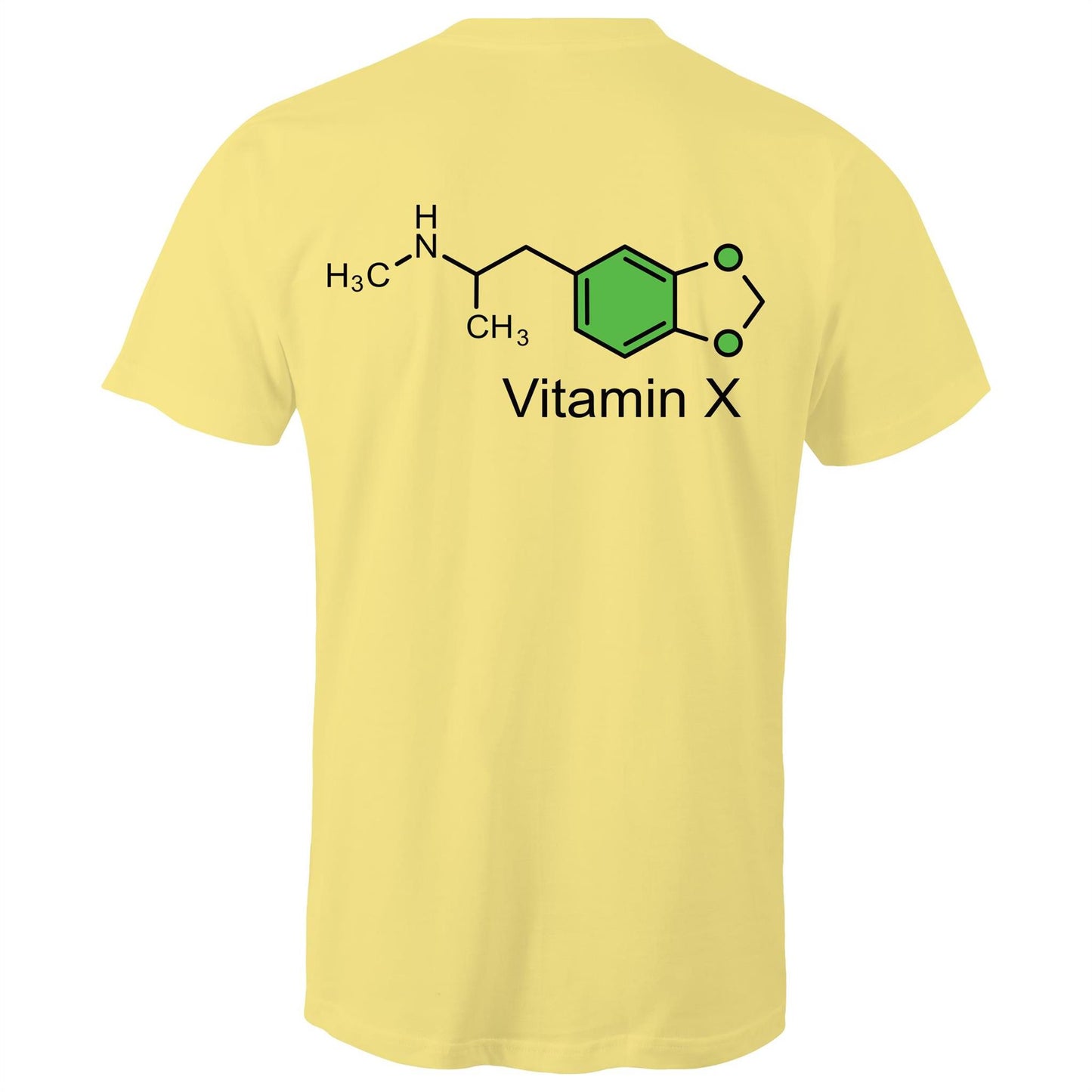 Back of the lemon t-shirt displaying the green and black MDMA molecular structure with 'Vitamin X' text, celebrating scientific curiosity