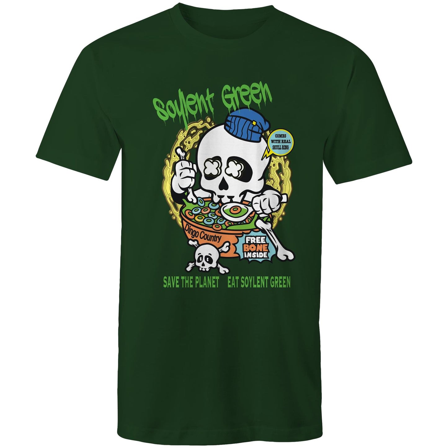 Forrest green men's T-shirt with a colourful 'Soylent Green' graphic, showcasing a skull eating cereal and a 'Save the Planet, Eat Soylent Green' message.