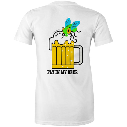 Back view of the white 'Fly in My Beer' T-shirt featuring a humorous print with a cartoon fly in a frothy beer mug and the playful text below