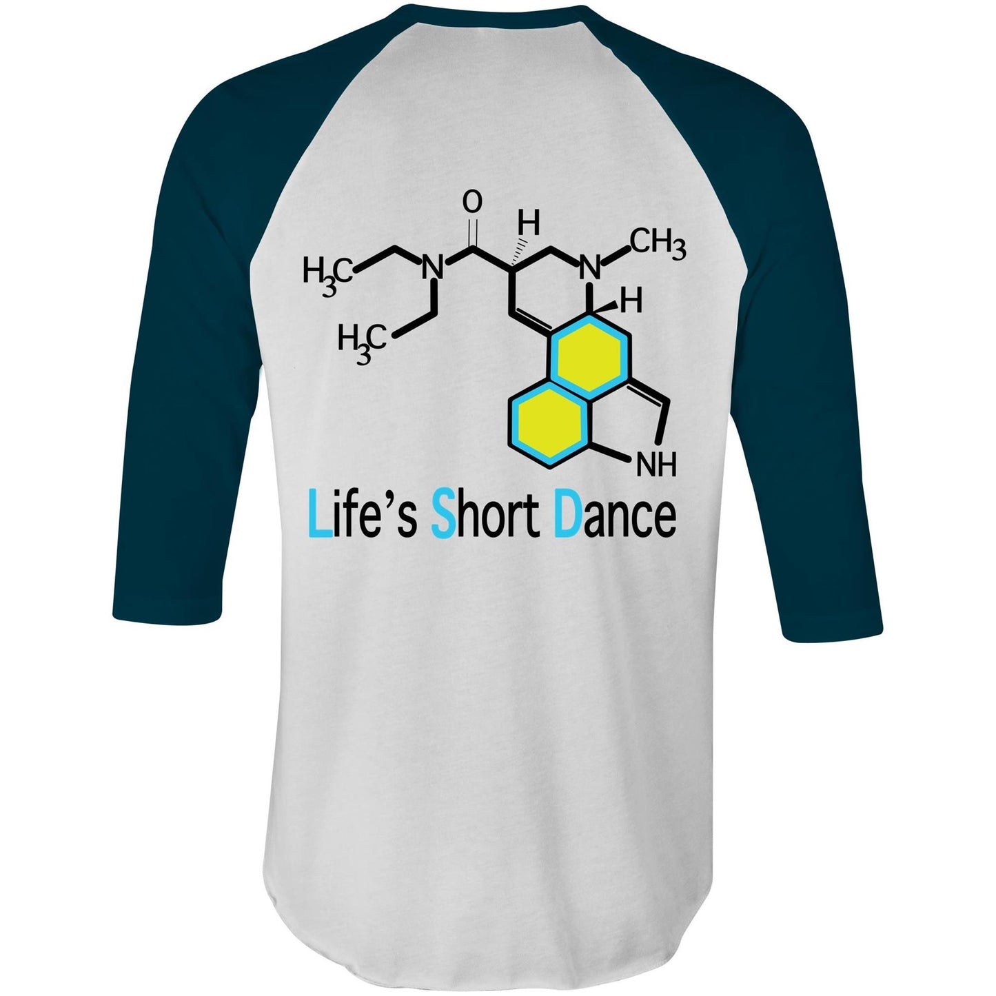 Back view of a 'Life’s Short Dance' Raglan T-Shirt White with Navy sleeves displaying a large, intricate chemical structure in black, blue, and yellow hues with the uplifting slogan 'Life’s Short Dance' in bold blue lettering beneath it.