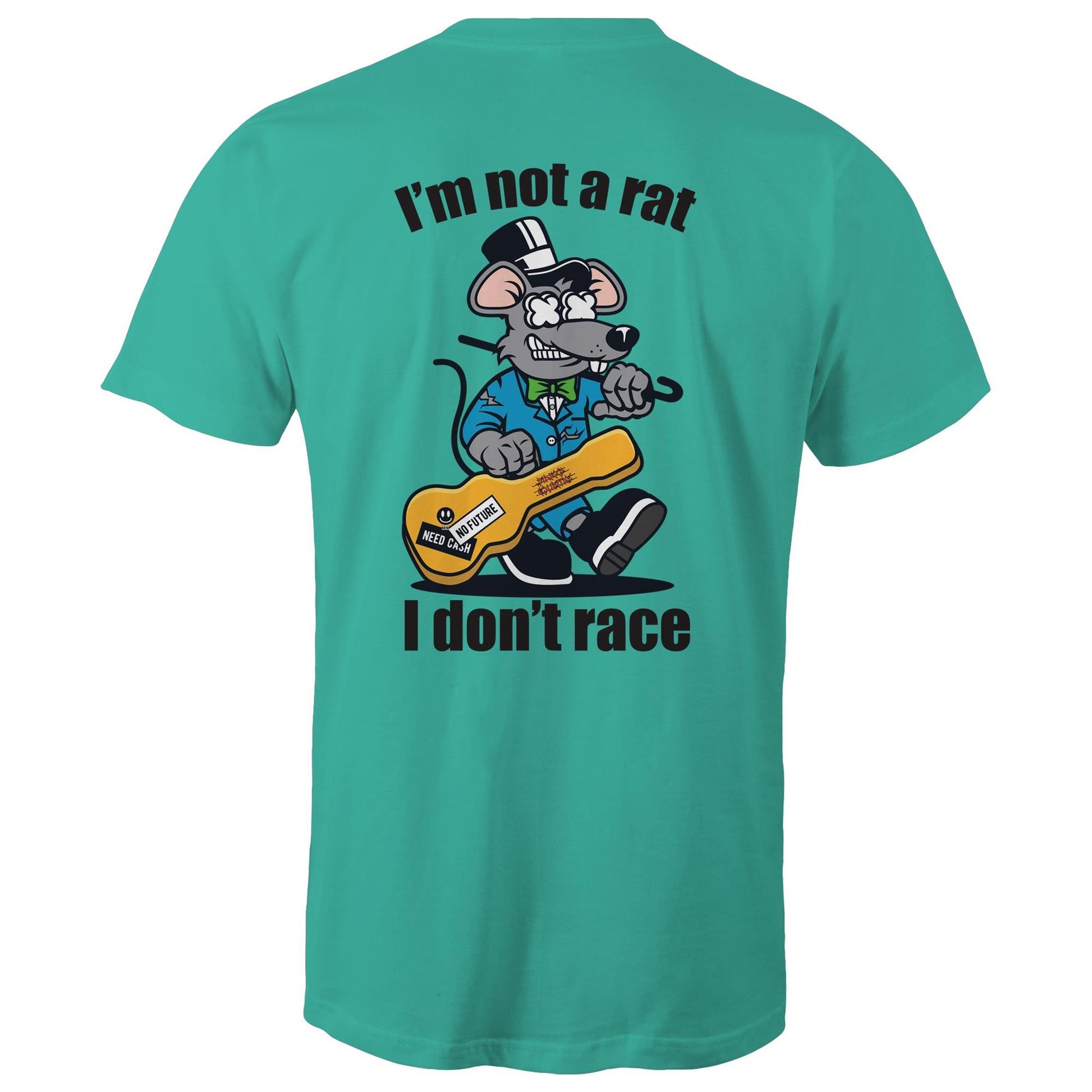 Teal mens T-shirt- Graphic print of a rat playing the guitar with 'I'm Not a Rat, I Don't Race' slogan, showcasing a playful nod to music enthusiasts.