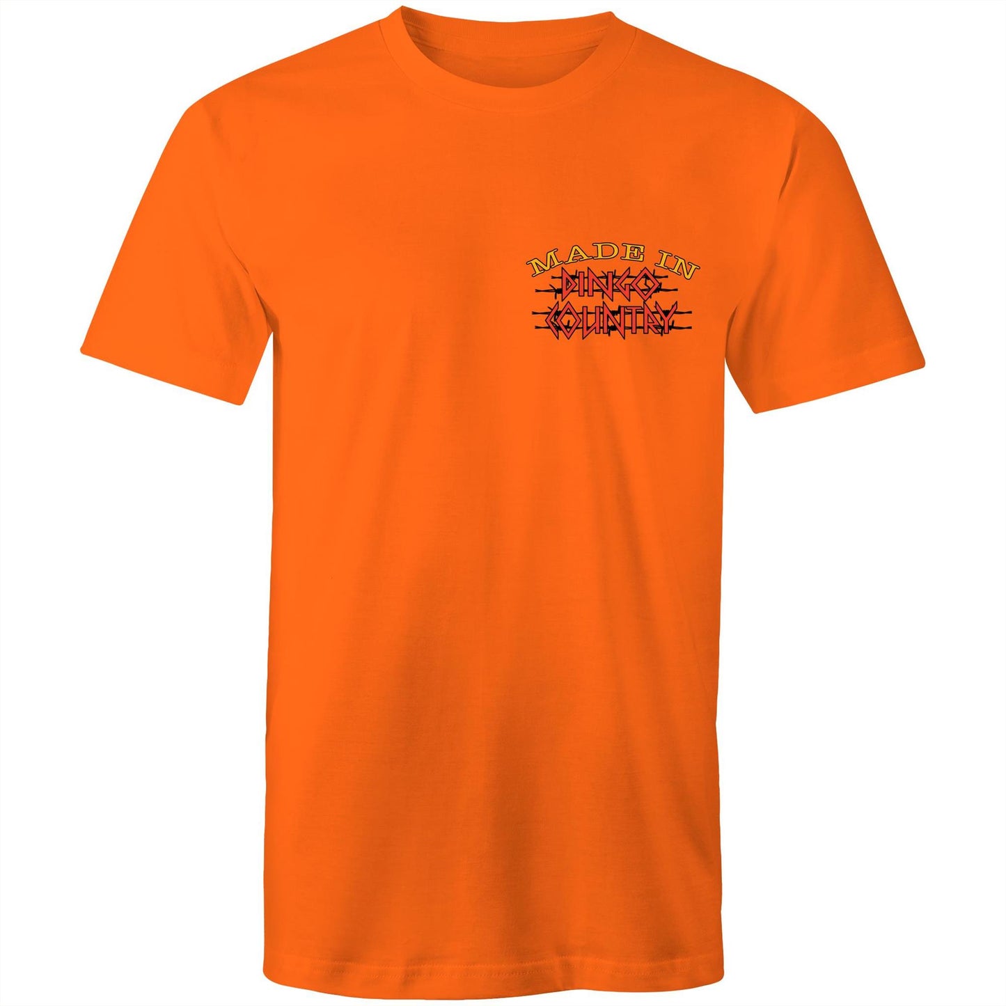 Men's classic orange t-shirt with a small 'Made in Dingo Country' logo on the chest for a touch of Australian pride.