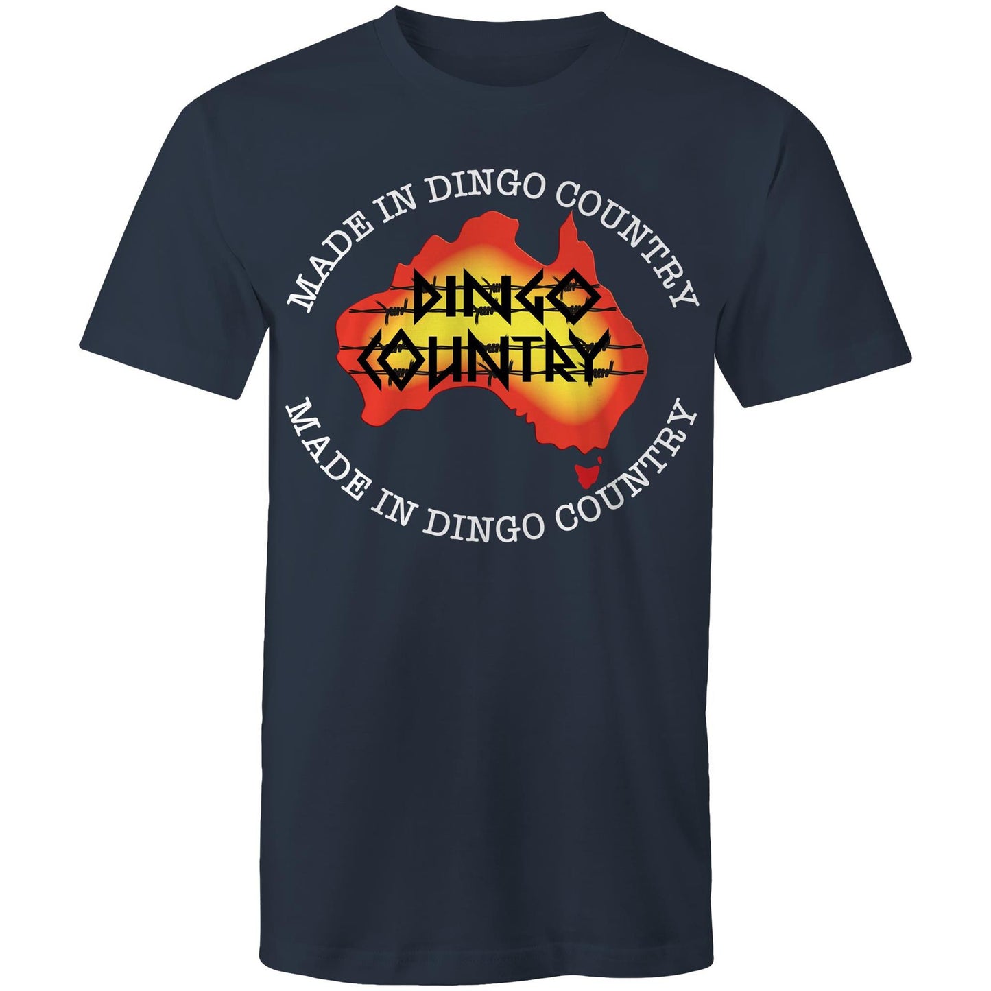 Men's navy T-shirt highlighting a map of Australia with a 'Made in Dingo Country' motif, combining national pride and a sunburnt colour palette.