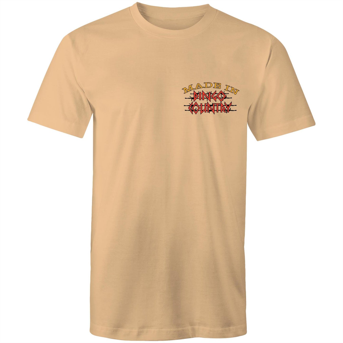 A tan men's t-shirt with a small, central chest print that reads "Made in Dingo Country", The print is stylized with the Australian flag colors and distressed lettering to give a rugged, patriotic feel.