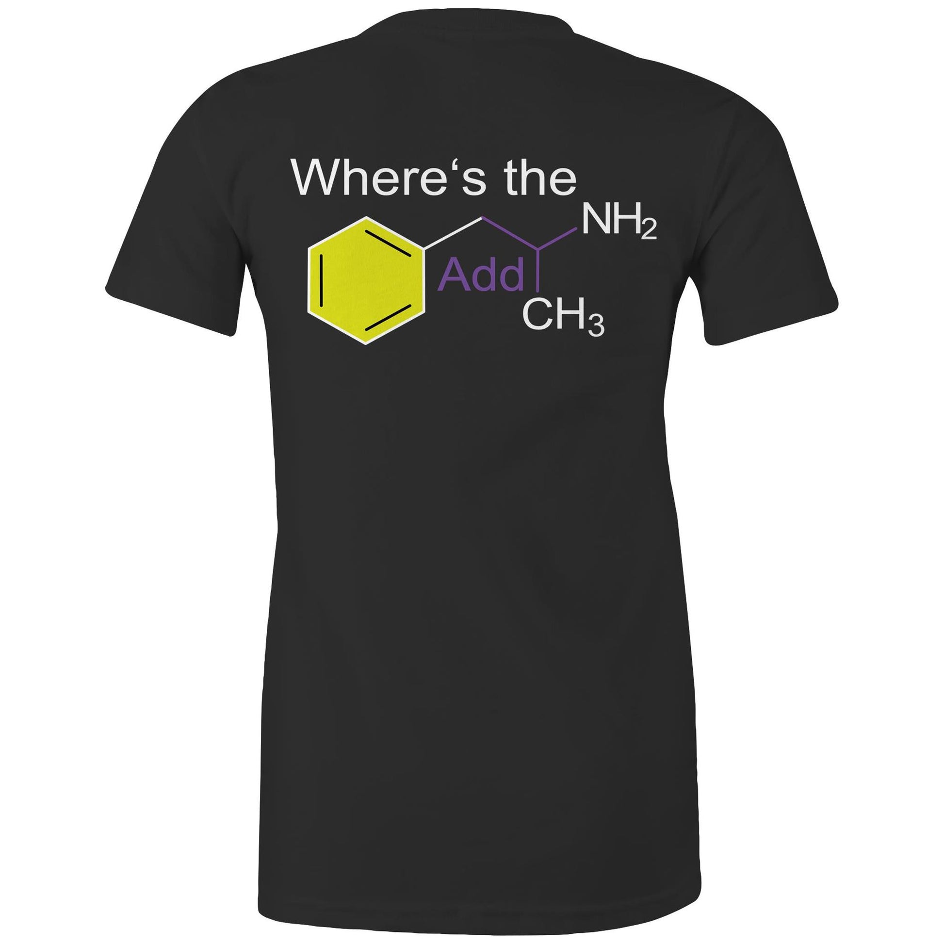 Back view black women's t-shirt showing a playful twist on chemistry with 'Where’s the Addy' integrated within a colourful molecular structure design.