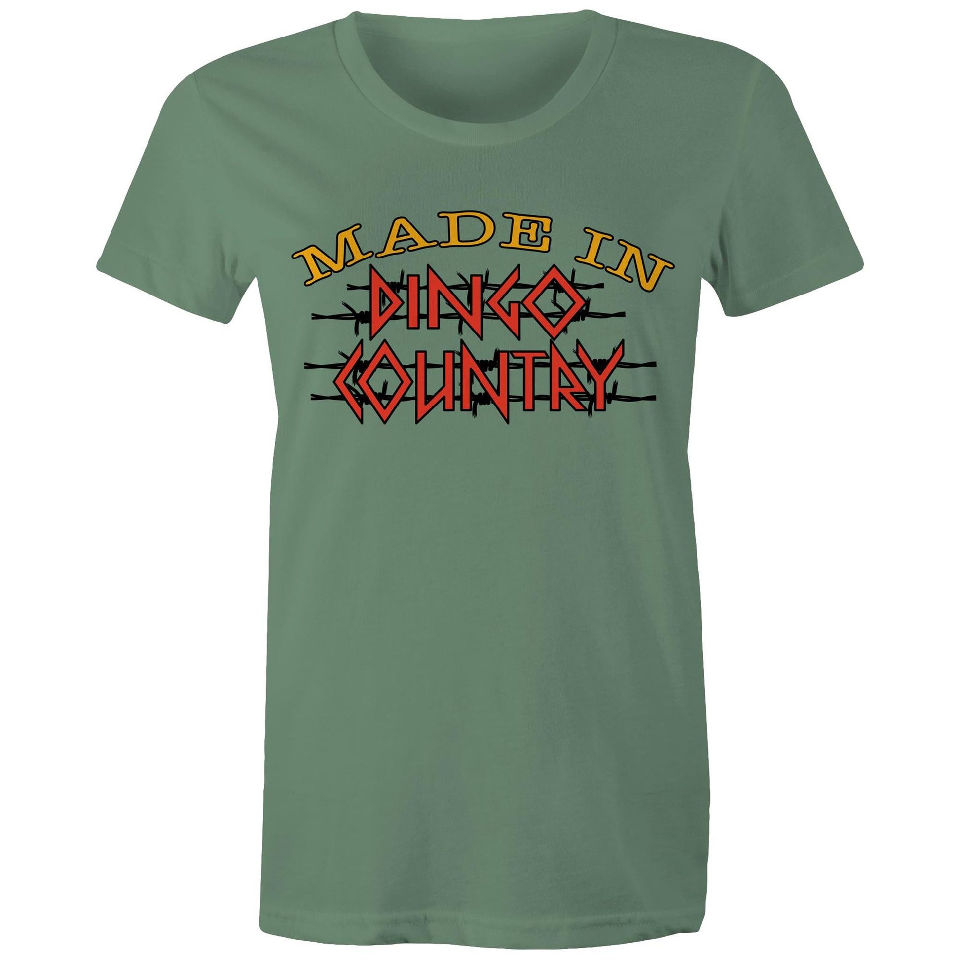 Comfortable sage Women's Maple Tee with 'Made in Dingo Country' graphic in bold yellow and red, capturing the adventurous Aussie spirit