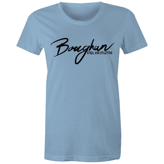 Carolina blue women's Maple Tee with 'Boughan - Steel and Stilettos' in elegant black script, symbolizing a blend of resilience and grace.