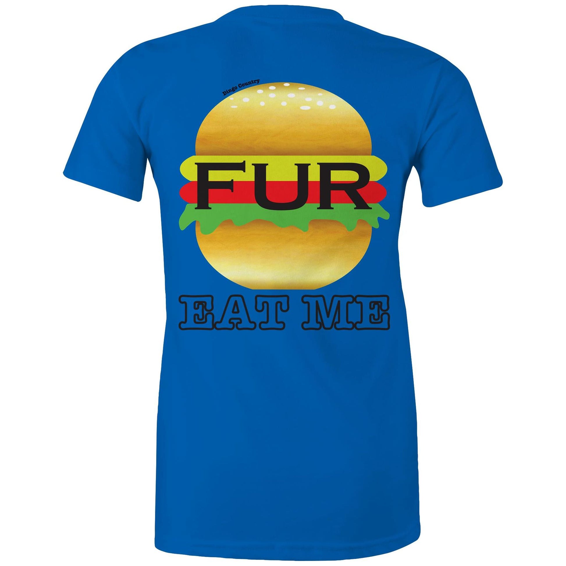 Rear view of Dingo Country's bright royal Maple Tee, with the playful 'FUR BURGER EAT ME' burger graphic.