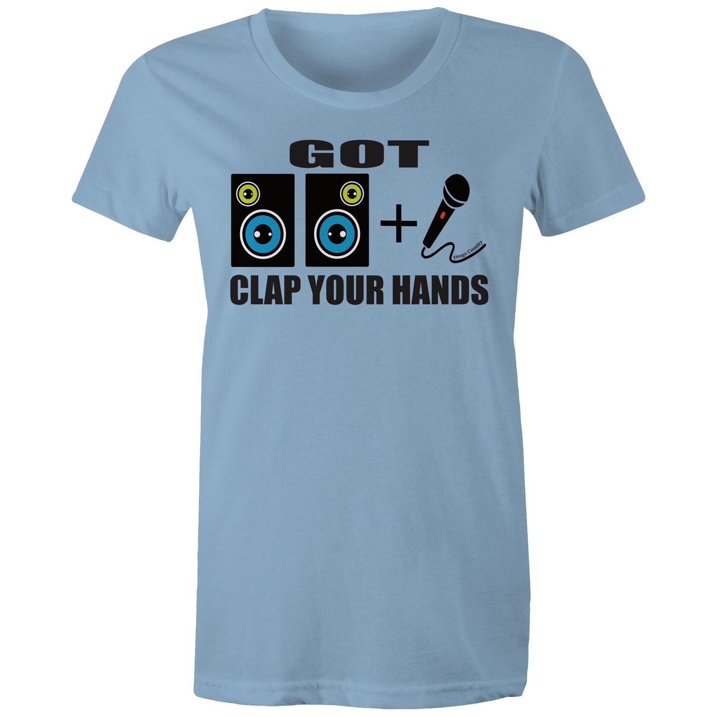 Women's Carolina blue maple tee with 'GOT two speakers icon + Mic' icon and 'CLAP YOUR HANDS' text on the front, reflecting Beck's song lyrics