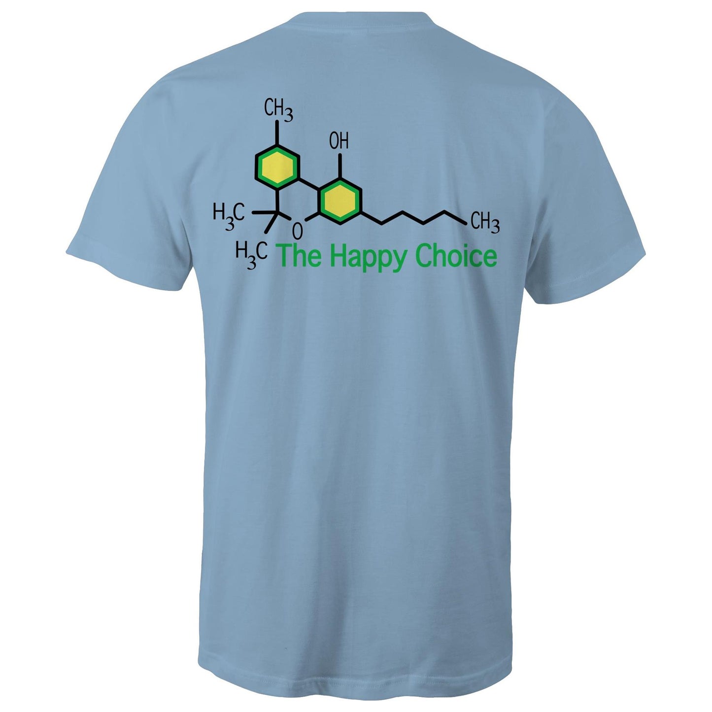 Rear view of a Carolina blue T-shirt showing the chemical structure of Tetrahydrocannabinol (THC) with 'The Happy Choice' tagline, merging fun with pharmacological interest.