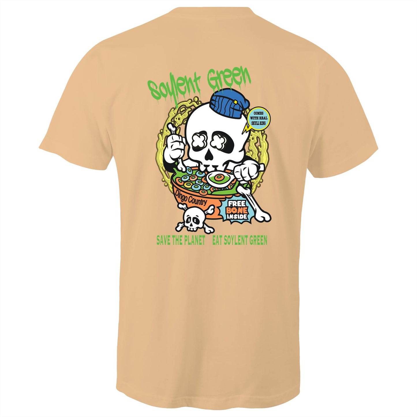 Rear view of a tan T-shirt featuring a colourful 'Soylent Green' graphic with a skull eating cereal, highlighting an environmental message with a twist of dark humour.