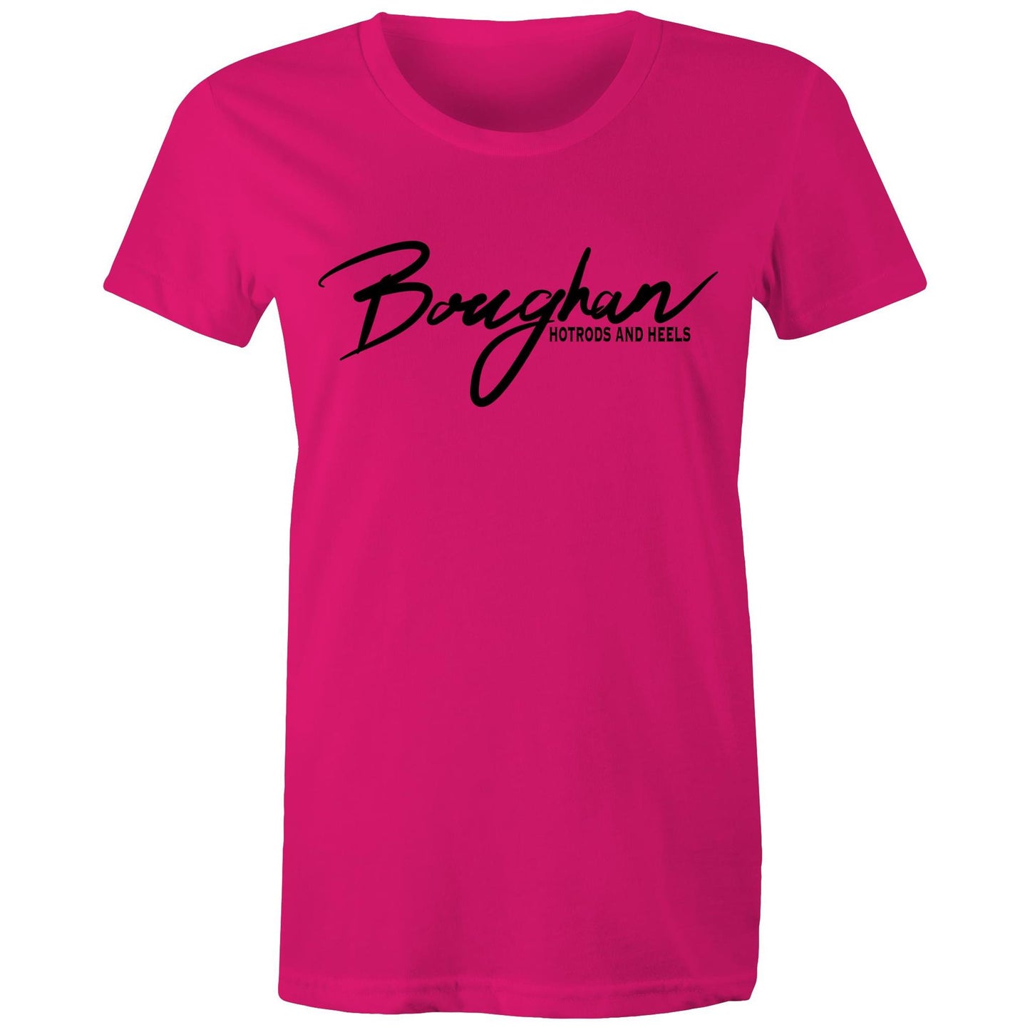 Fuchsia women's maple tee featuring 'Boughan Hotrods and Heels' script, embodying a blend of automotive passion and stylish femininity.