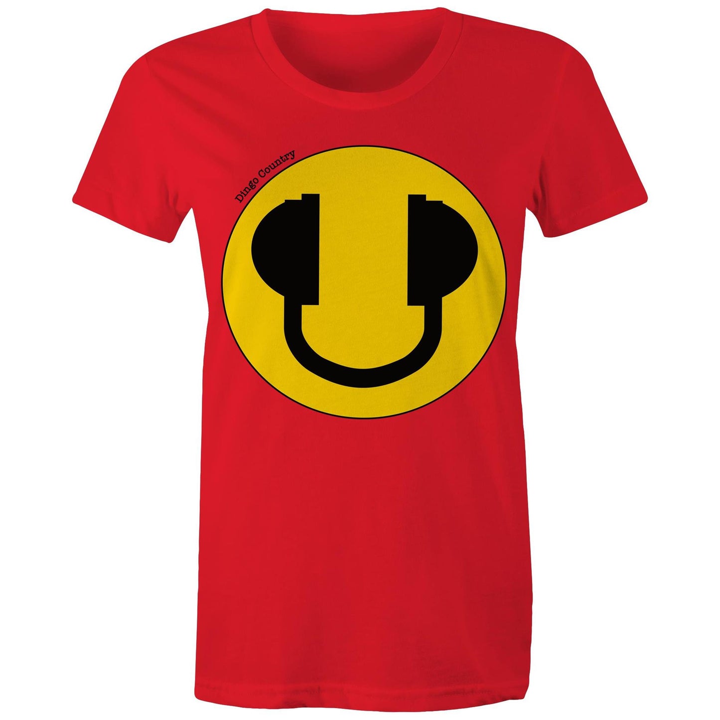 Women's Maple Tee in red with a bold yellow smiley face and headphone design, expressing a fun-loving music vibe, available at Dingo Country.