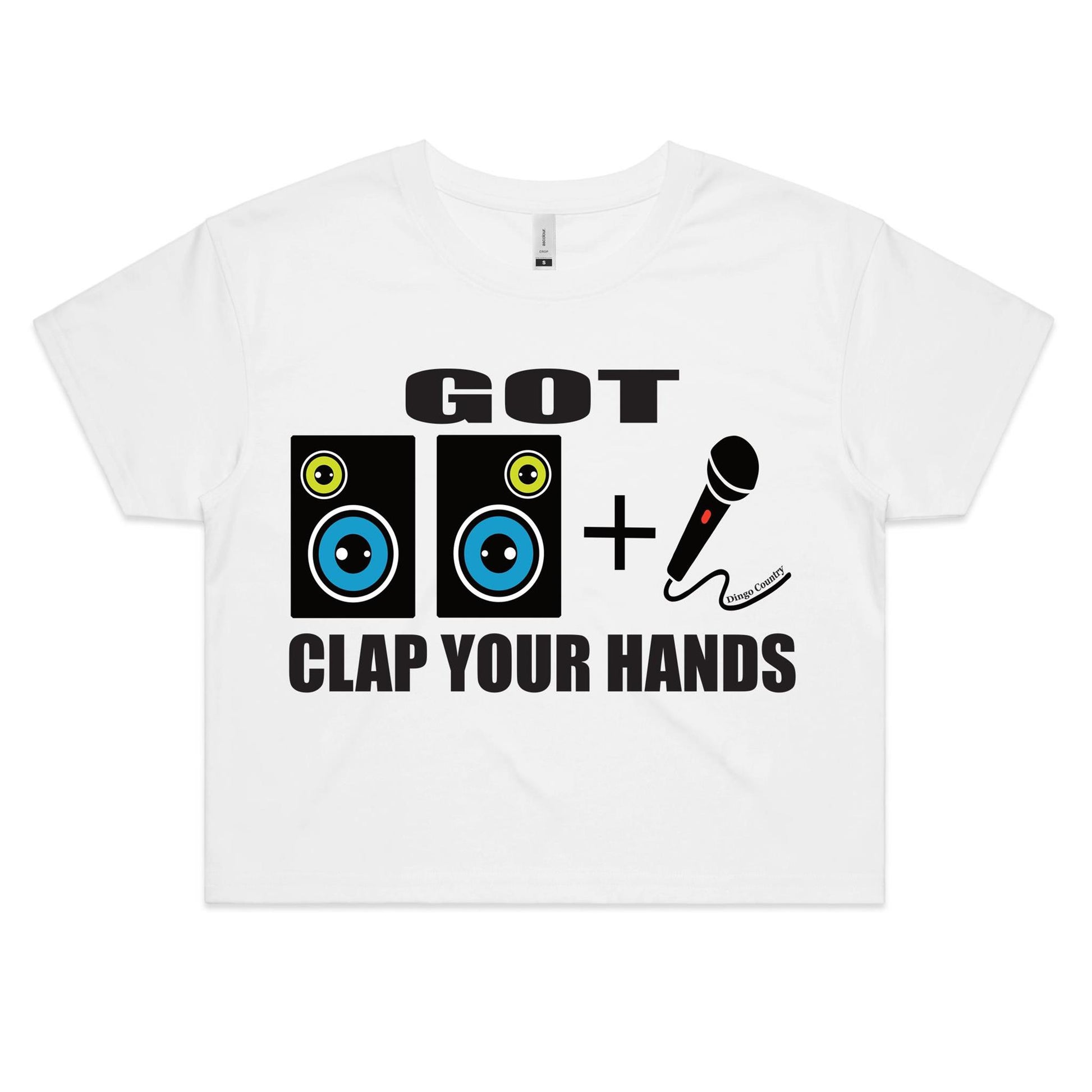 Stylish Women's Crop Tee in white featuring 'GOT' two speaker icons + Mic and Clap Your Hands' design, a nod to the music and DJ culture, from Dingo Country