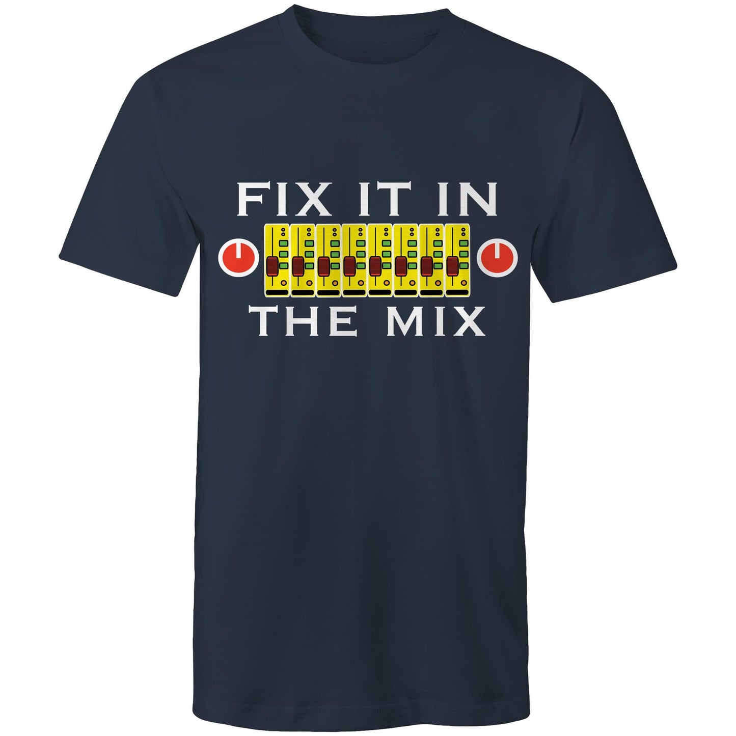 Men's navy t-shirt with 'Fix It In The Mix' music mixer design