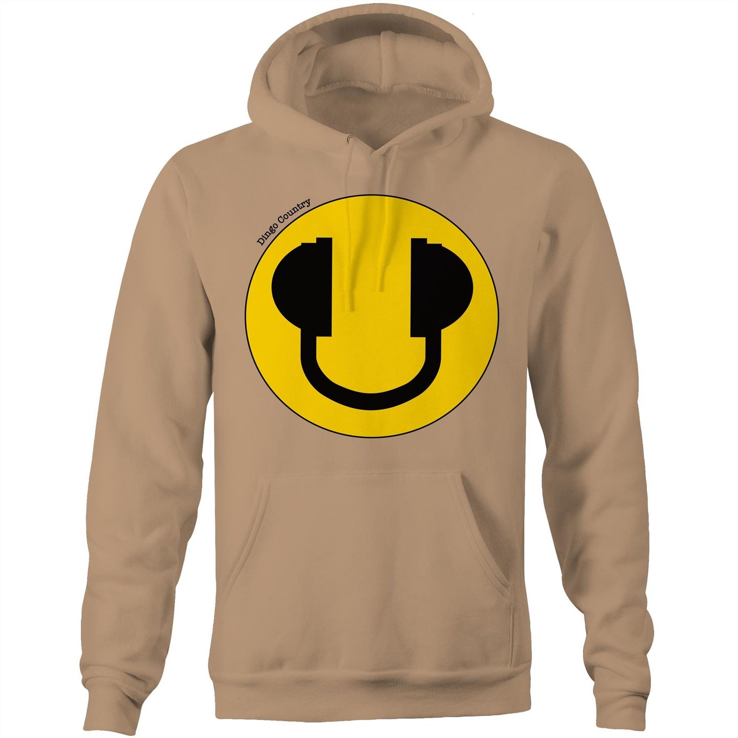 Tan hoodie featuring a large yellow smiley face with headphone accents, embodying a fun and music-filled lifestyle, from Dingo Country.