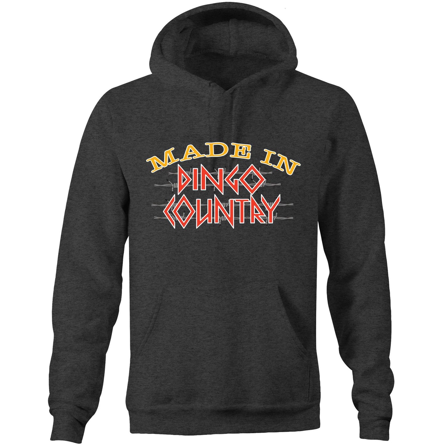 Cozy asphalt pocket hoodie featuring the 'Made in Dingo Country' logo, available in eight colours for a snug, patriotic look.