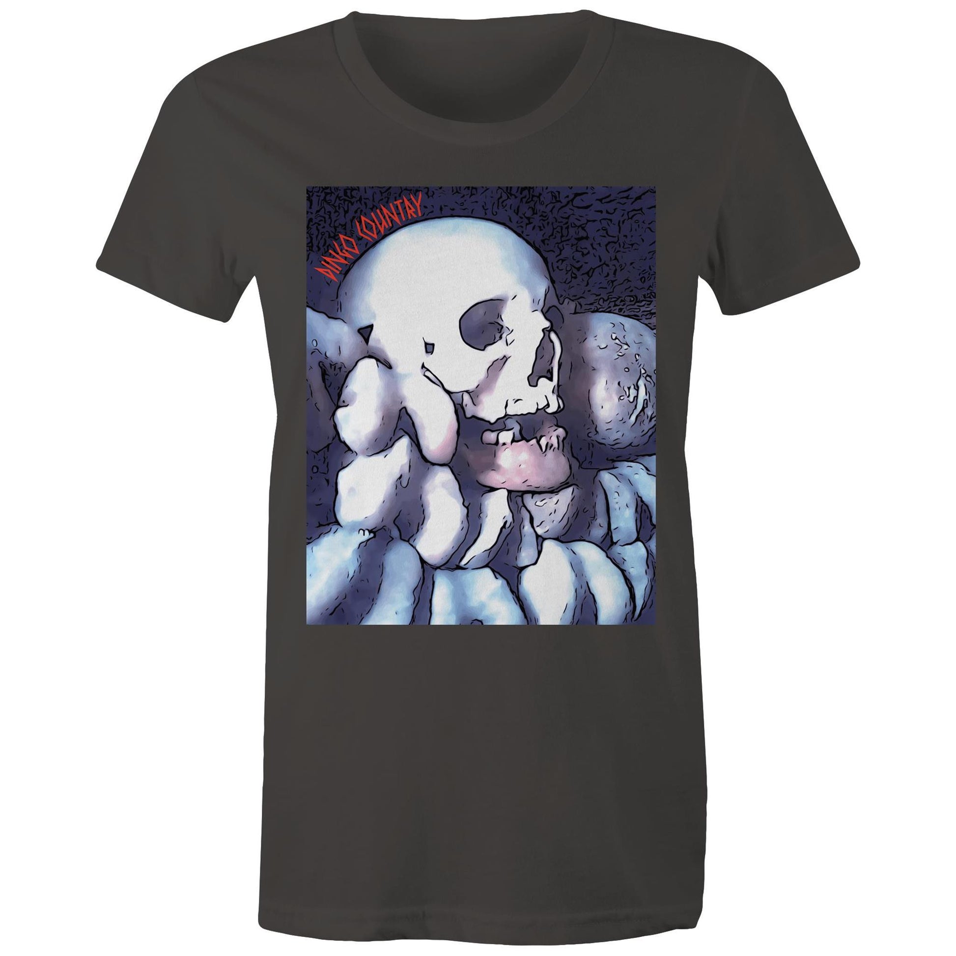 DC Skull print on Women's Maple Tee on charcoal shirt