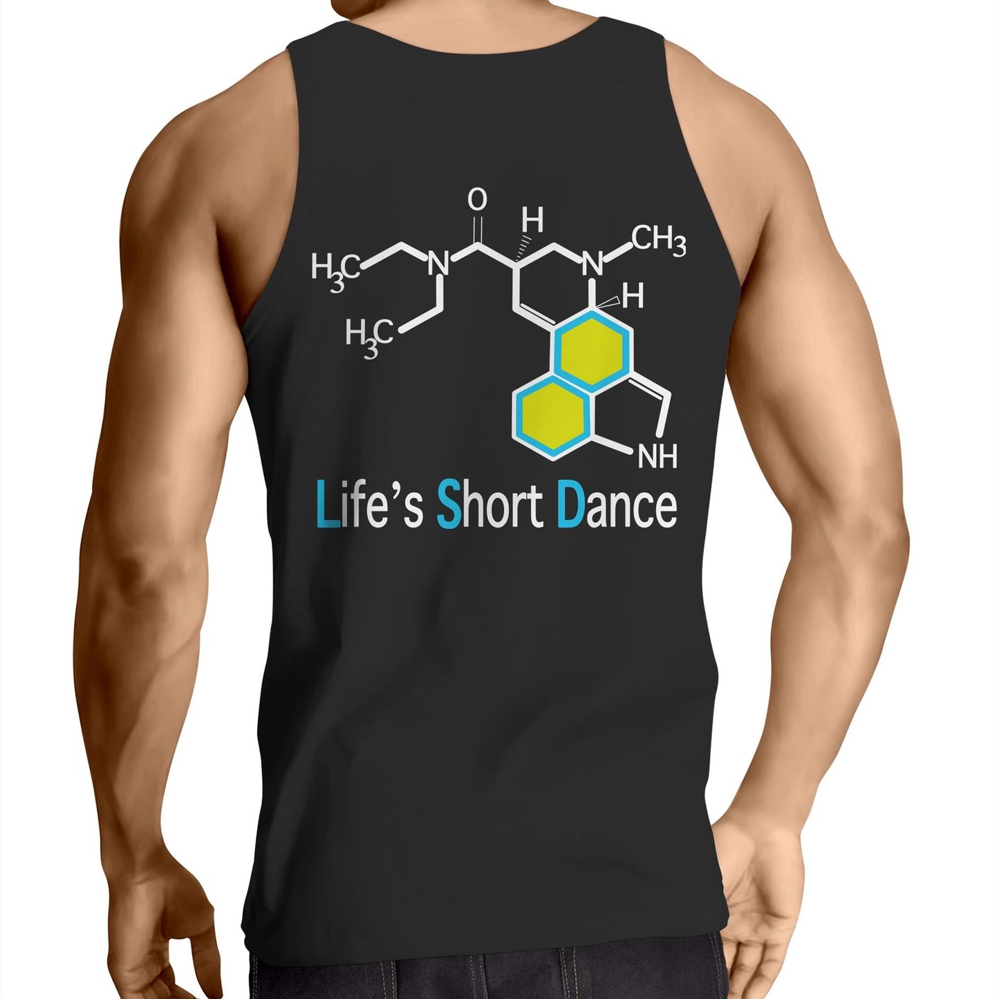 Detailed back view of the 'Life’s Short Dance' Men's Black Singlet, featuring the eye-catching chemical molecule graphic and the life-affirming phrase below.